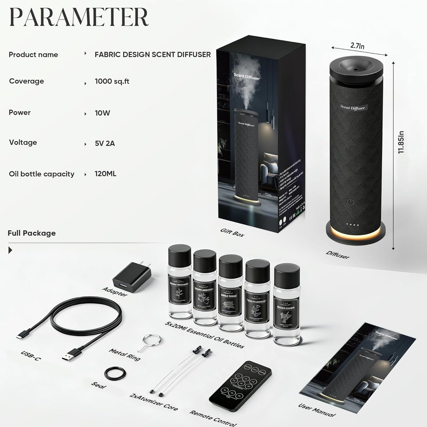 Waterless Scent Diffuser Starter Kit with 5 Oils, Luxury Hotel Style Cold Air Diffuser Oil Machine for Home, 1000 Sq Ft Coverage, Quiet Nebulizing Aromatherapy with Remote, Tower Fabric Design, Black