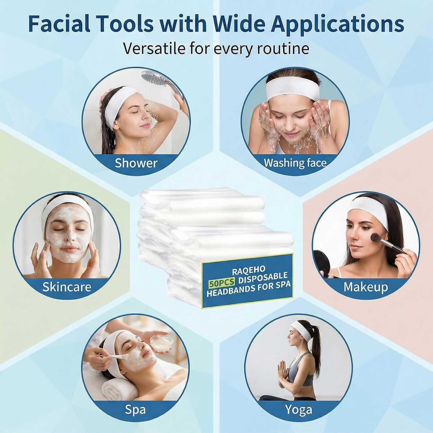 50pcs Disposable Headbands for Spa - Non Slip Elastic Spa Facial Head Bands Bulk Head Wrap Hair Bands For Women'S Hair Skincare Washing Face Makeup Facial Tools Esthetician Supplies Adjustable