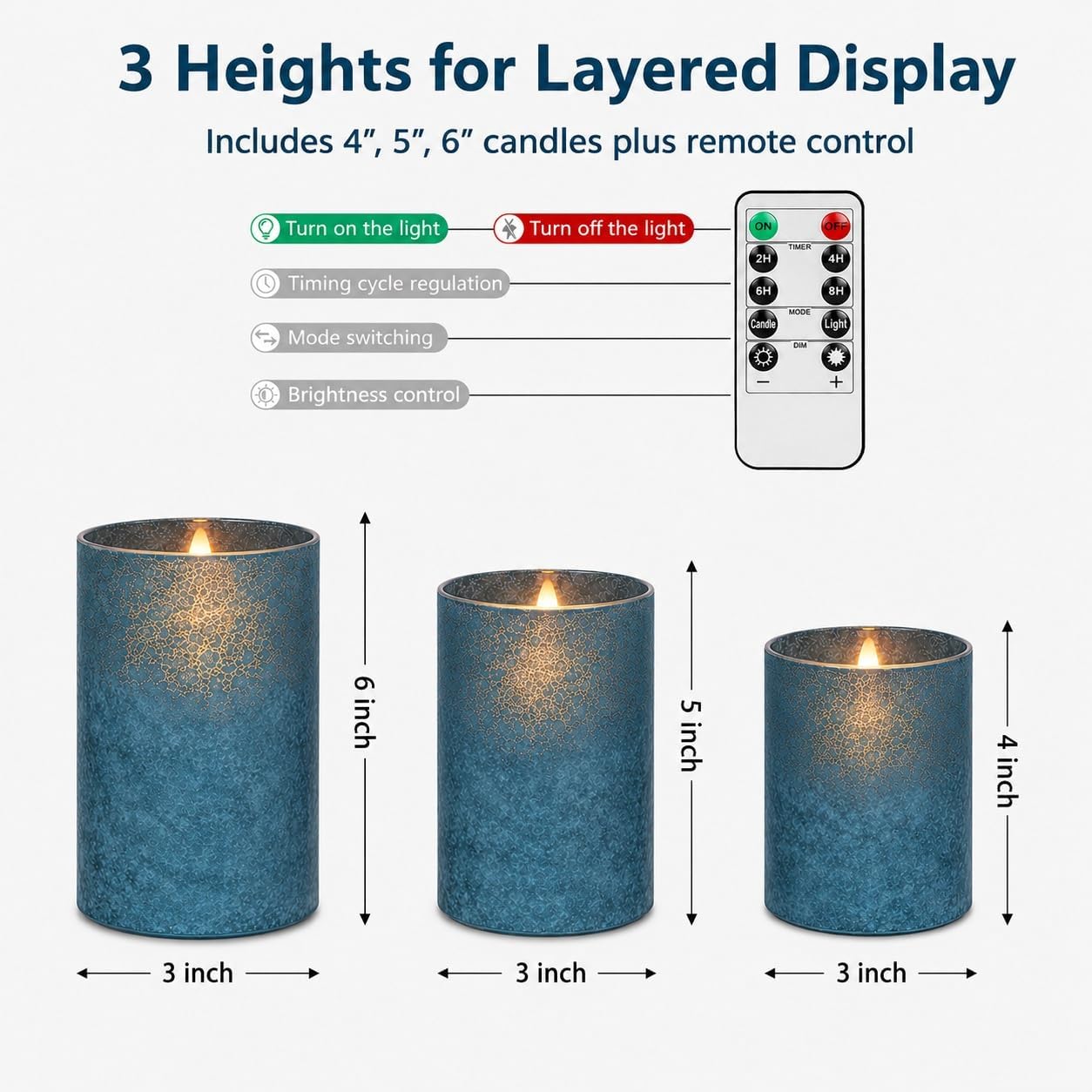 Blue Flameless Candles Set of 3, Sandblasted Glass LED Pillar Candles with Remote, Battery Operated Flickering Candles for Coastal Home Decor, Party Bathroom Holiday Birthday Wedding Decoration