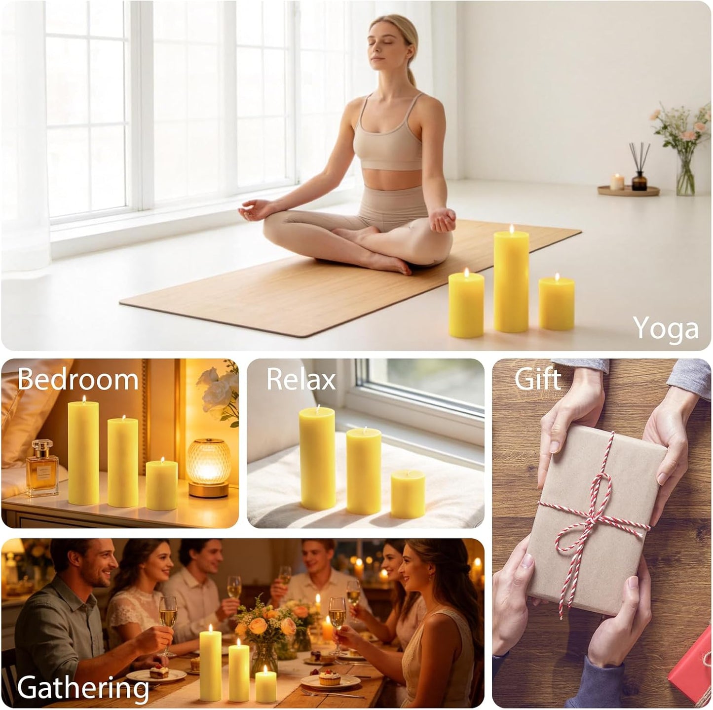 12 Pack Pure Beeswax Pillar Candles, 2x3/6/8 Inch, Natural Mild Honey Scent, Long Burning, Smokeless & Dripless for Home Decor & Prayer
