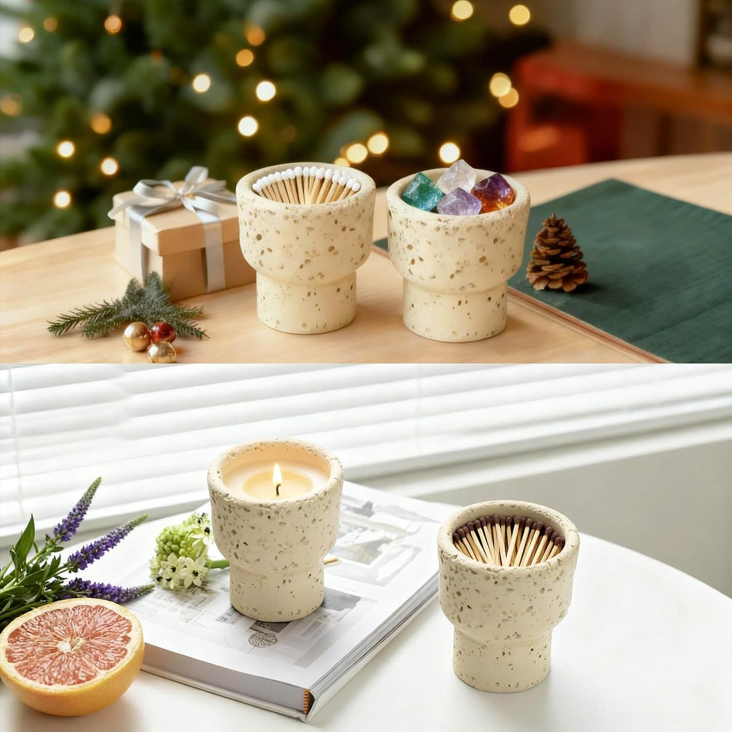 Concrete Match Holder with Striker, 2.5" x 3.1" Decorative Matchstick Jar Box for Fireplace, Candles, Cute Match Jar for Home Décor, Gift (Matches Not Included)
