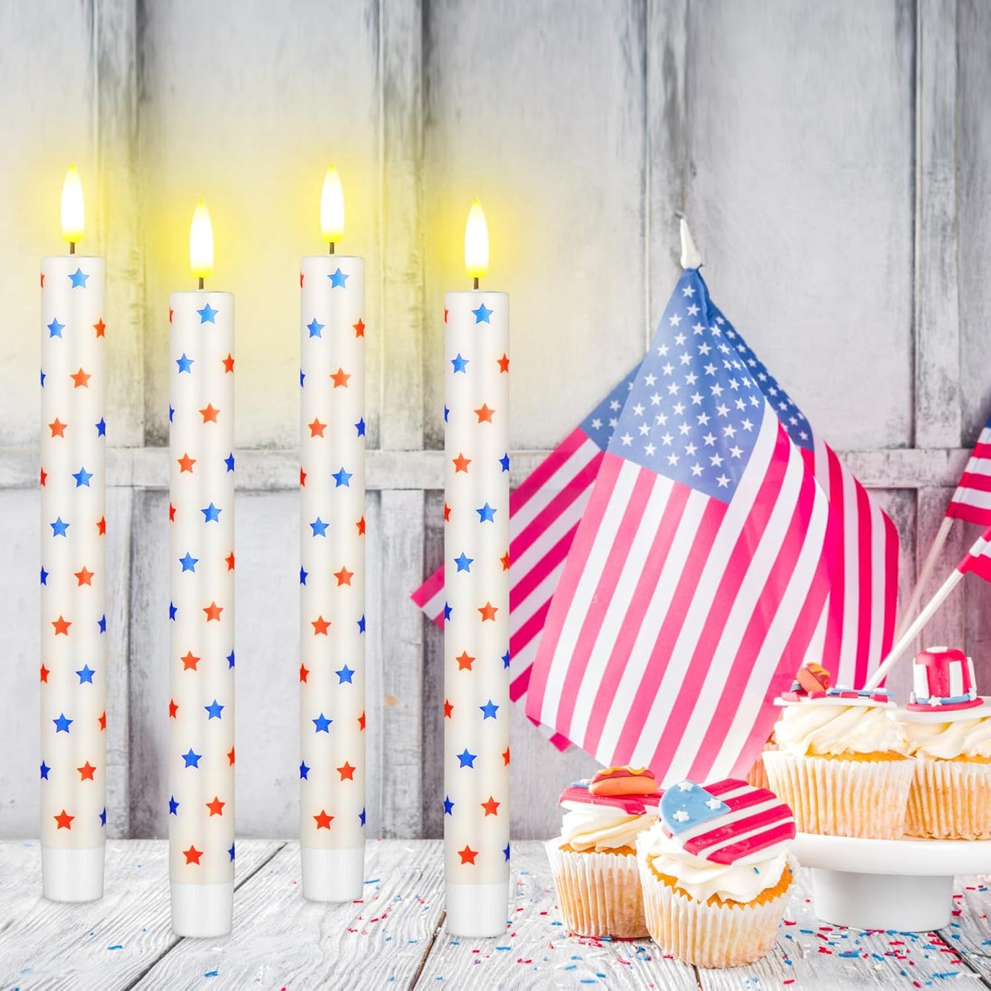 Rossesay 6 Pcs 4th of July Candles 250th Anniversary Flameless Taper Candles Patriotic White Red Blue Star Wax American Independence Day Battery Operated LED for Home Decoration(Star)