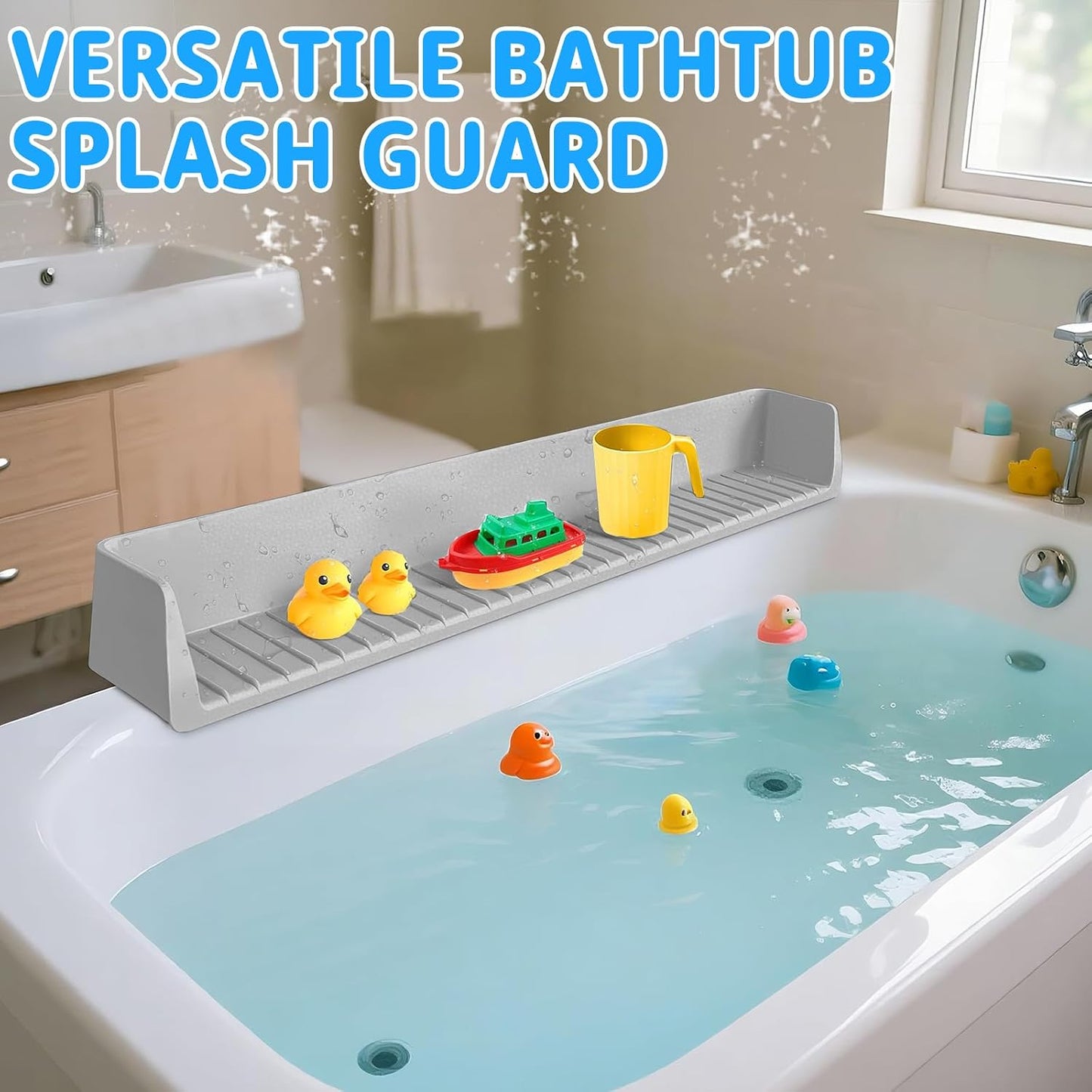 31-inch Silicone Bathtub Shelf with Strong Suction Cups | Extended Splash Guard & Toy Holder | Waterproof Bath Tub Organizer Tray to Prevent Spills, Matte Finish, Easy Storage