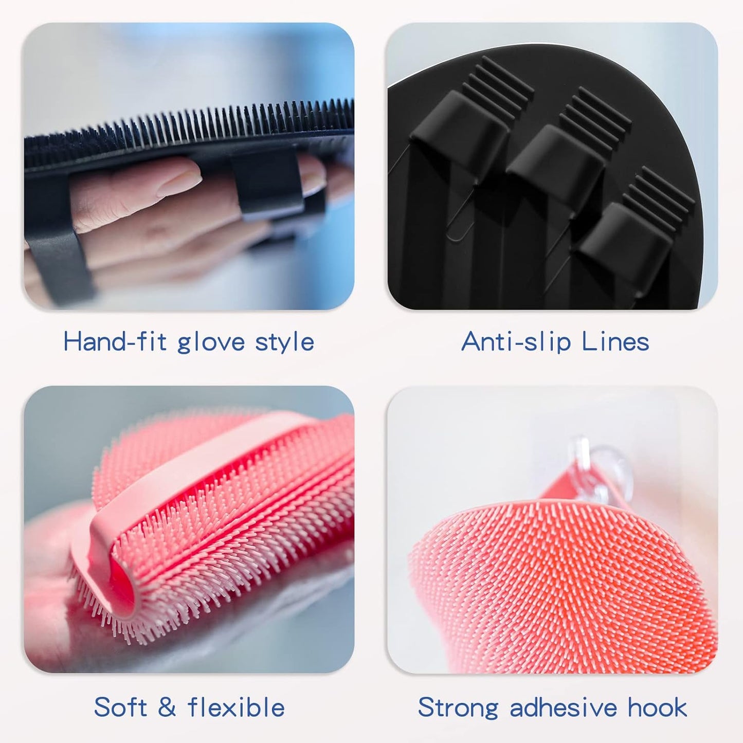 Manmihealth Silicone Back Scrubber (Thick Bristles) & Bath Glove & Face Brush Set (3PCS), Super-Exfoliating & Lathering Body Scrubber, Shower Brush, Face Scrubber Combination, with a Free Hook (Black)