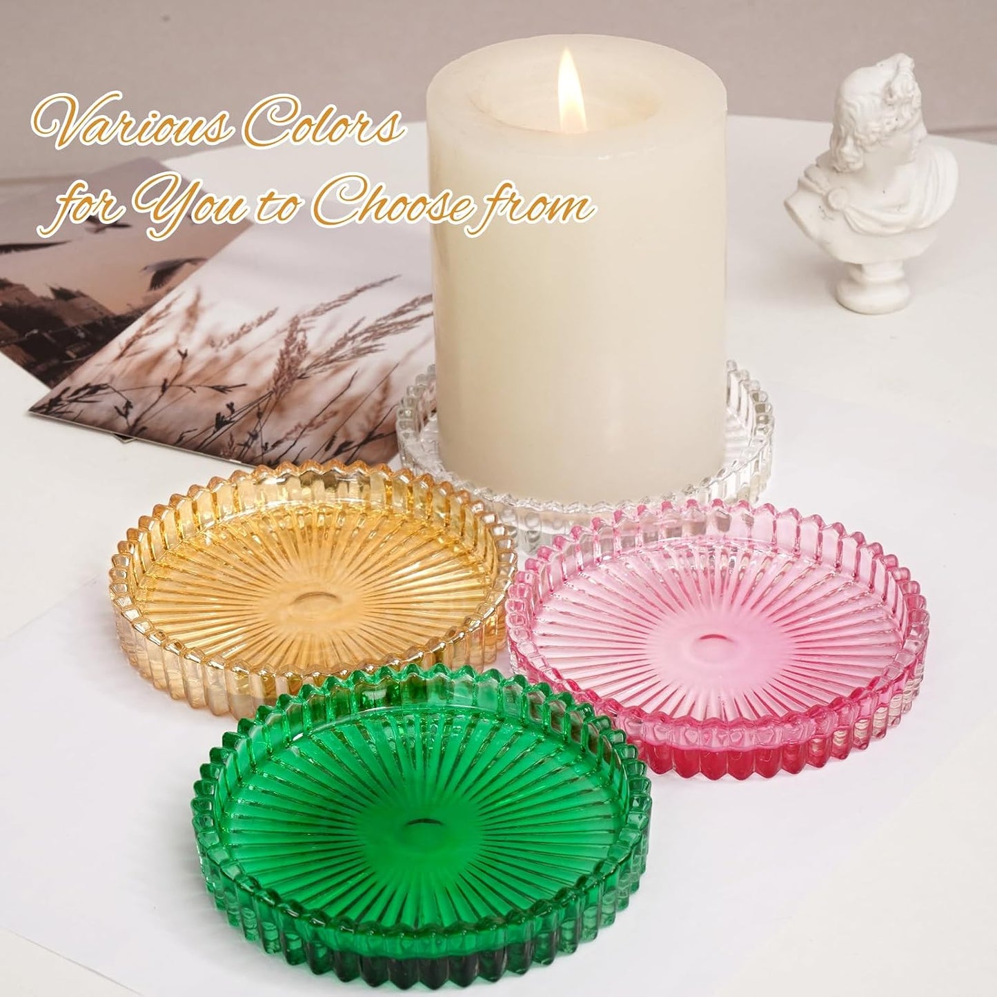 6 Pack 3.9 Inch Glass Pillar Candle Holder Plates, Round Gold Glass Plate Serrated Candle Stand, Candle Tray Plates for Wedding, Party, Dinning, Table Centerpiece and Home Decor