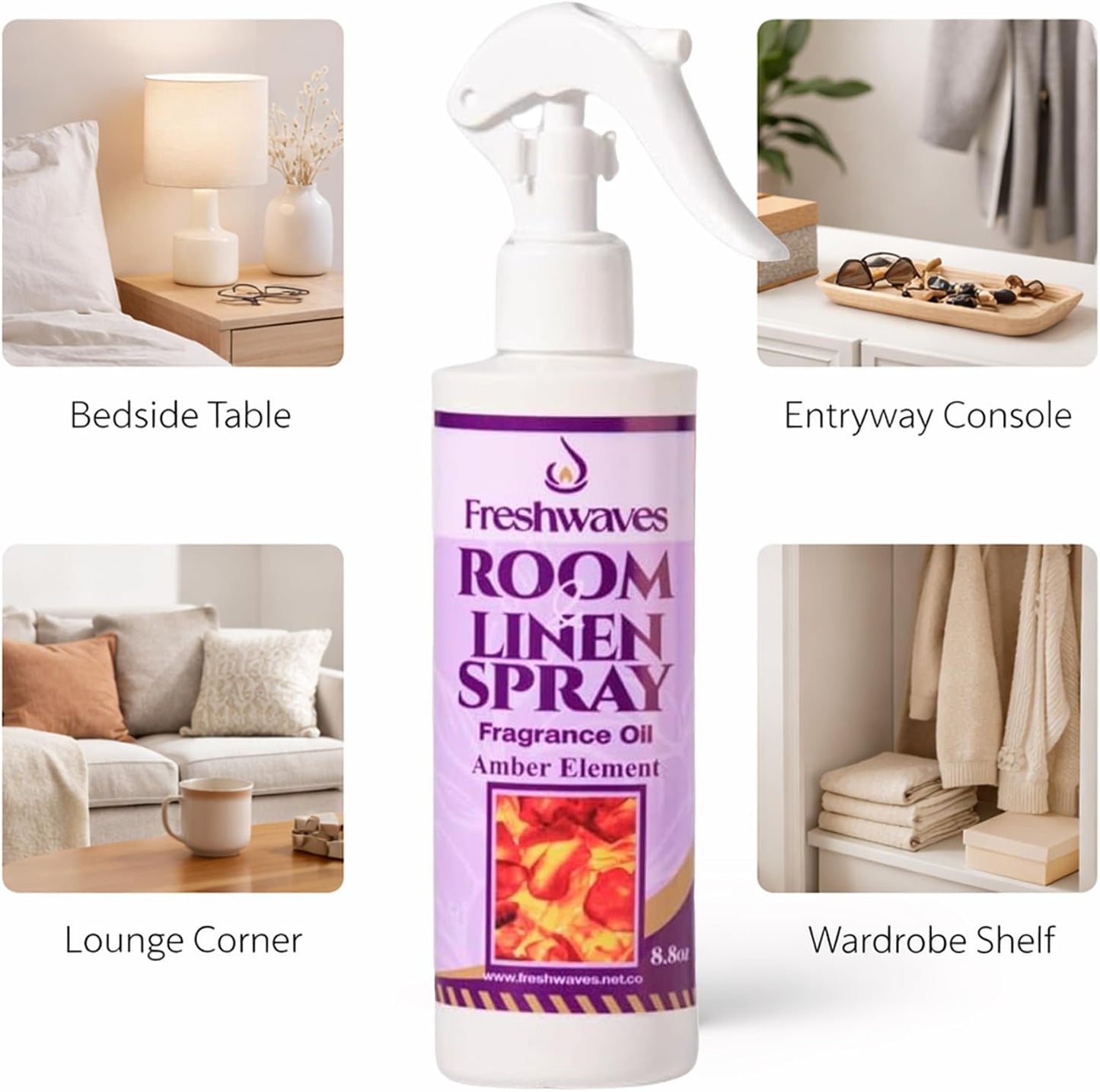 Freshwaves Amber Element Air Freshener Spray | Room & Linen Spray | Odor Eliminator for Home, Bedroom, Bathroom & Office | 8.8oz