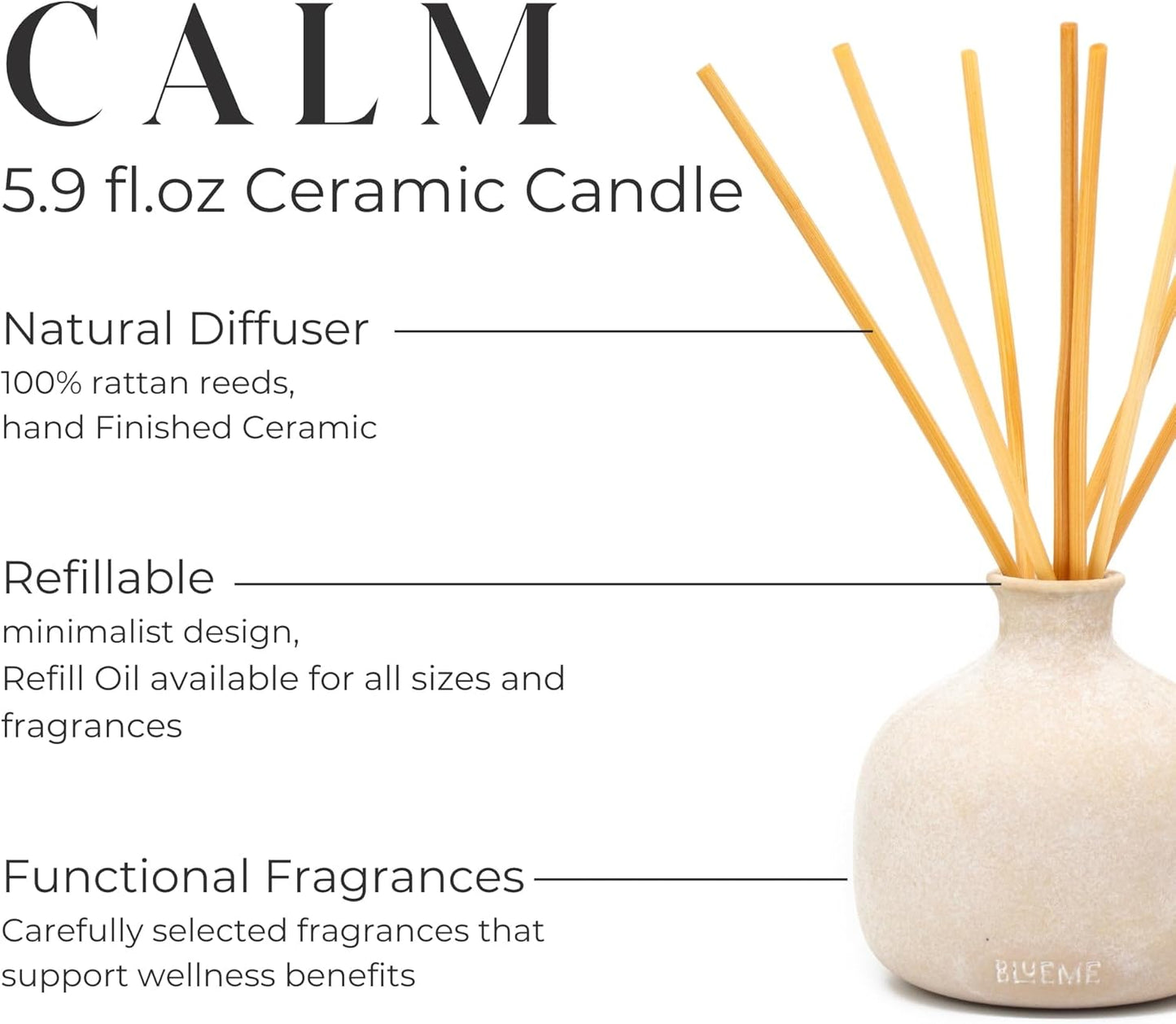 Blueme Calm Diffuser | Osmanthus & Sandalwood | 5.92 Fl Oz - Refillable Wellness Diffuser, Contains Essential Oil, Sustainable, Hand Finished, Premium, Luxury Ceramic, Natural Rattan Reeds, | Small