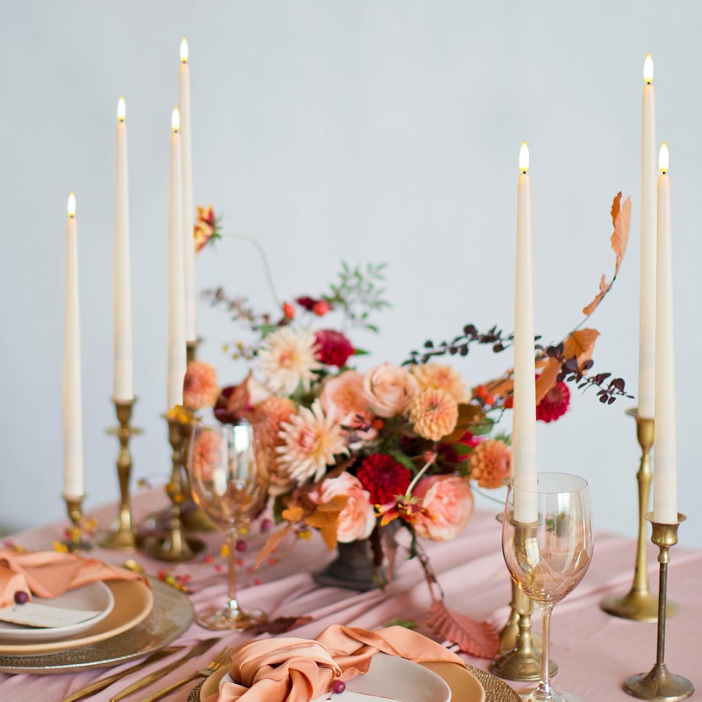 Baquler 50 Pcs Flameless Taper Candles Battery Operated Bulk 12.4 Ivory LED Taper Candles Flickering LED Candlesticks for Wedding Advent Halloween Christmas Party Decor