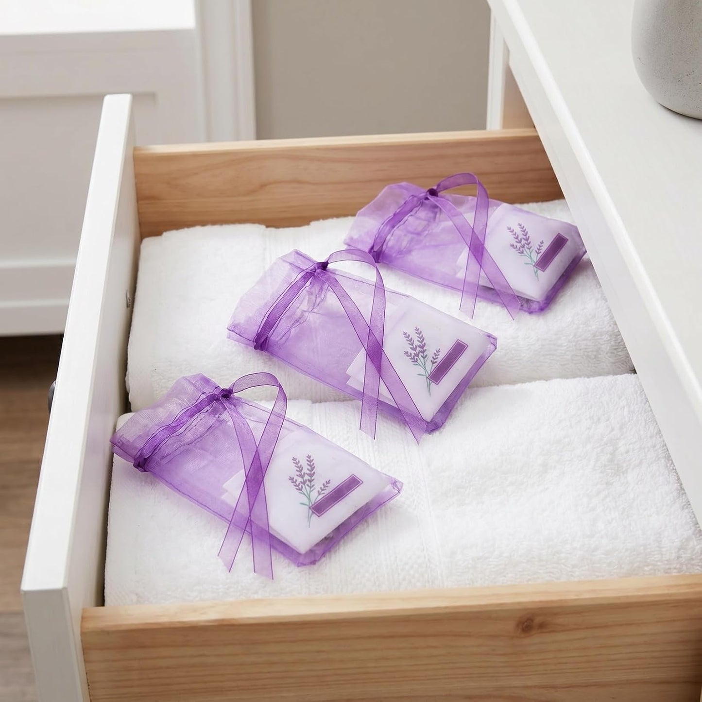 DOITOOL 25 Pack Lavender Sachet Bags 6.49X2.83 Inch Organza Fragrance Pouches with Ribbon for Home Fragrance Closet Freshener Jewelry Organizer Party Decoration