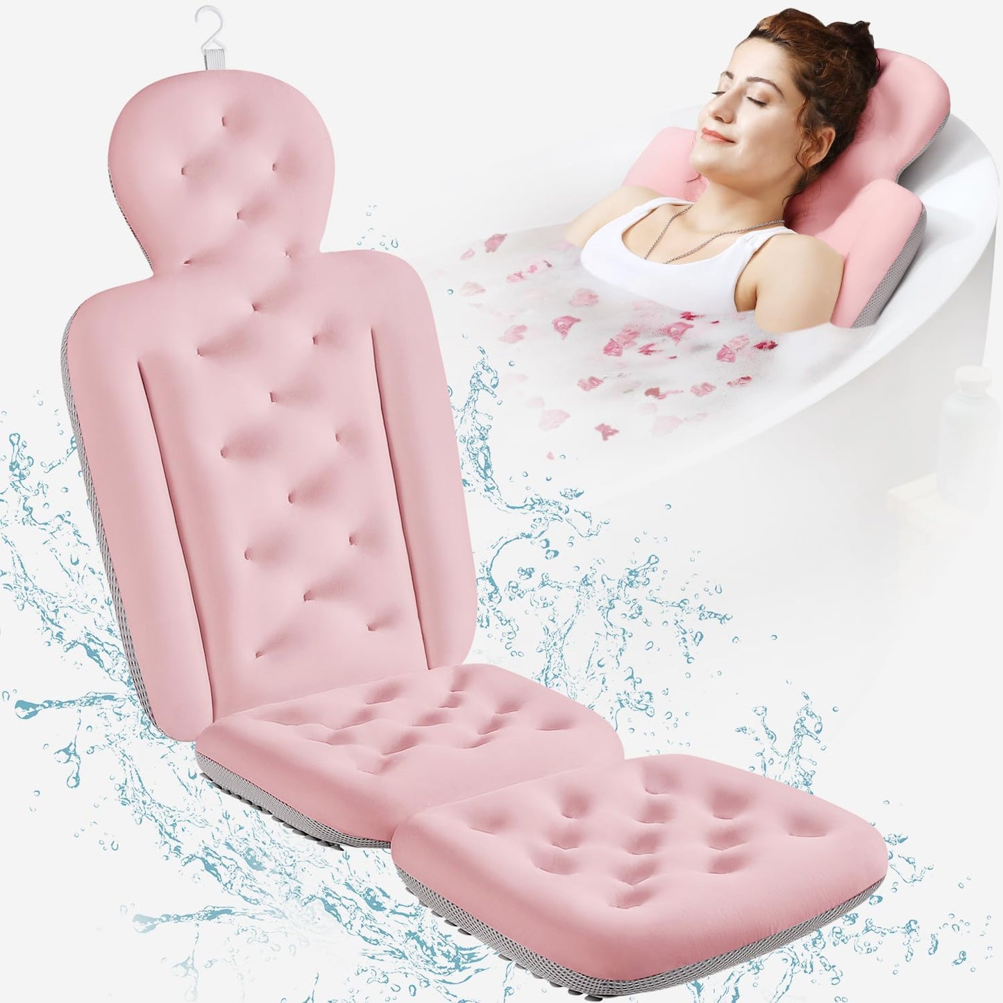 Full Body Bath Pillow for Bathtub, Thick Bathtub Cushion, Luxury Tub Pillow for Bath for Headrest Neck and Back Support Pink 51" x 16"