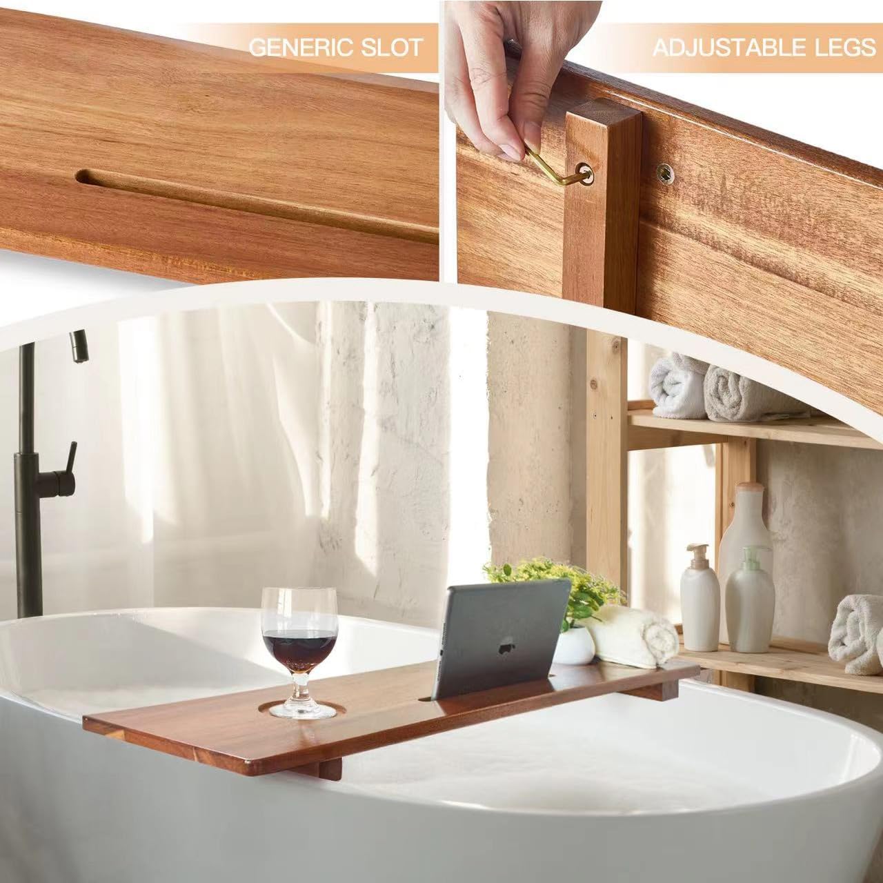 DAOYOUSKY Luxe Premium Acacia Wood Bathtub Tray Caddy with Adjustable Legs, 35x9 Inch Large Wooden Bath Tub Board, Anti-Tipping Bath Shelf Over Tub, Bathtub Accessories