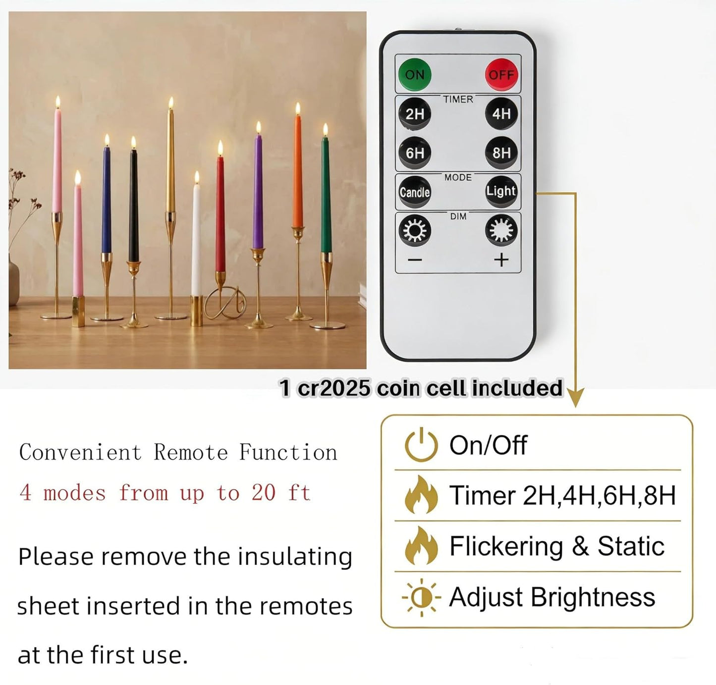 Gold Flameless Taper Candles with Remote, Flickering Battery Powered LED Candlesticks Set of 4