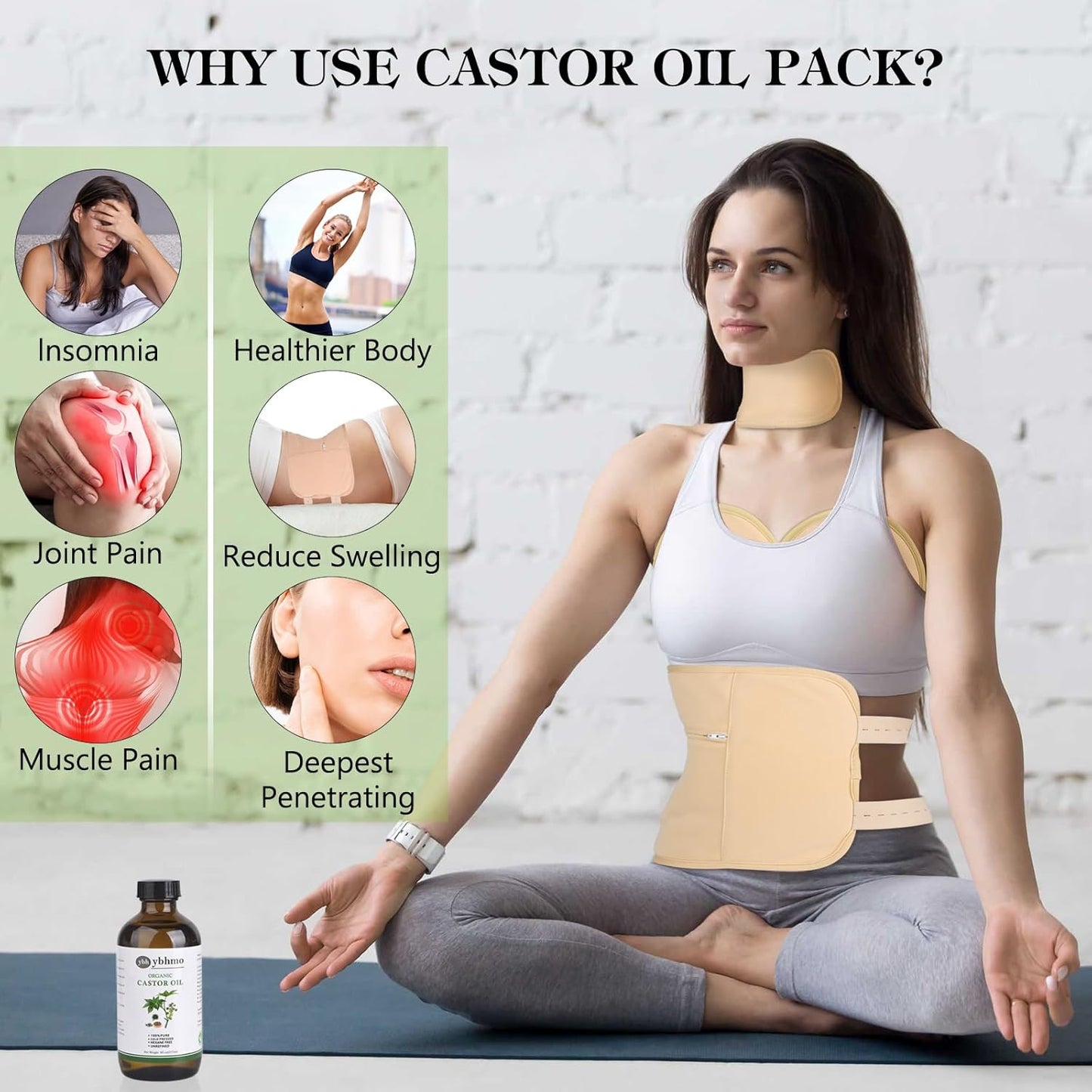 Organic Castor Oil Cold Pressed Glass Bottle((8fl.oz/237ml), Castor Oil Pack Wrap Organic Cotton Reusable for Neck, Chest & Abdomen