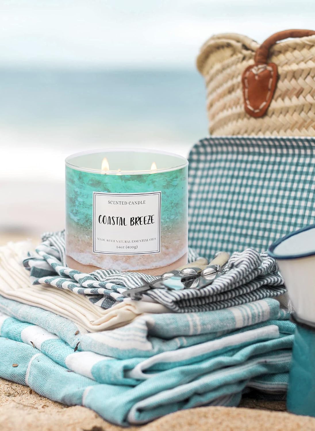 Coastal Breeze Scented Candle, 14 oz Summer Ocean Beach Candle Gift for Women and Men, Natural Soy Wax, 3 Wicks, Up to 40 Hours Burning Time