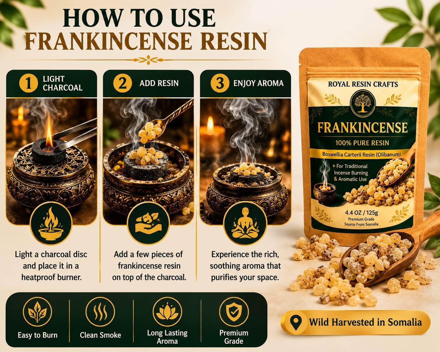 Premium Organic Frankincense Resin (Boswellia Carterii) – 125 g / 4.40 oz Wild-Harvested Olibanum – Pure Incense Resin for Aromatic Burning, Spiritual Rituals & Home Ambiance – Royal Resin Crafts
