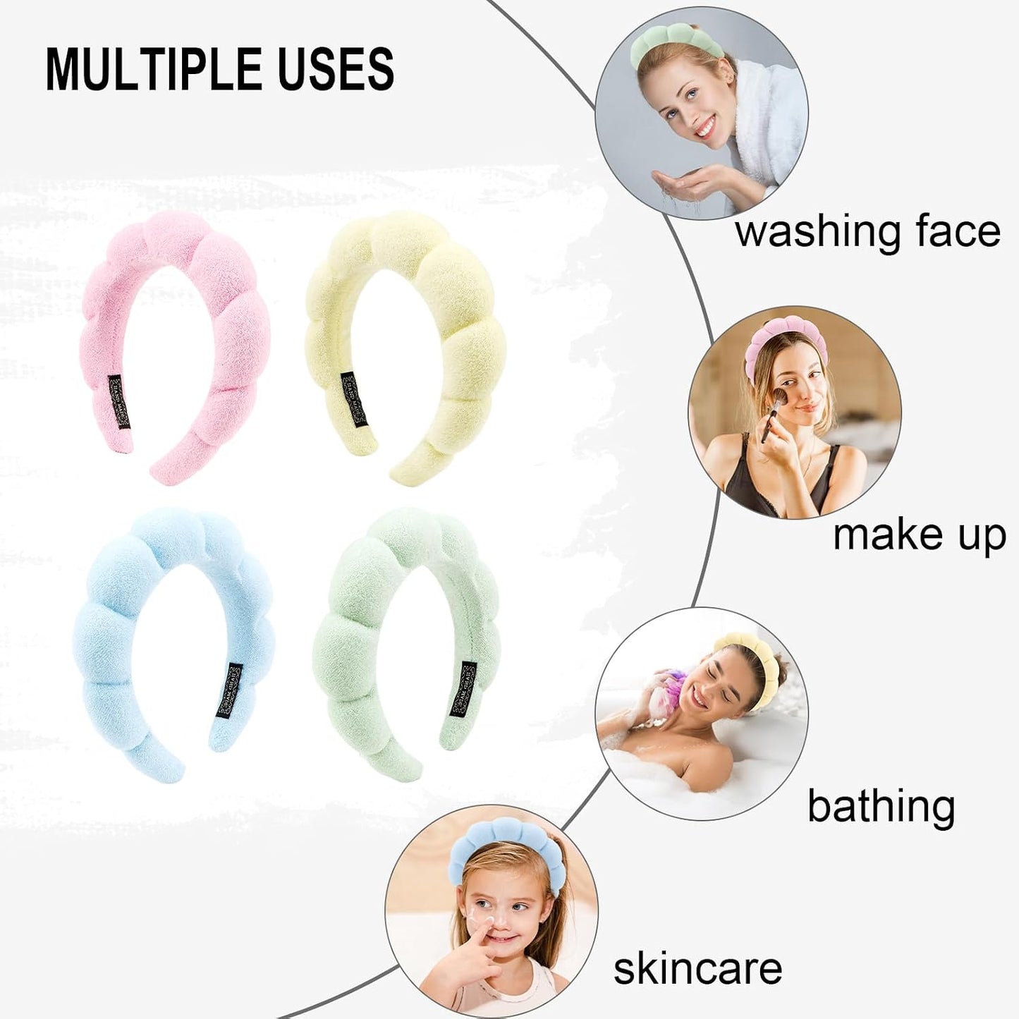 Canitor 4 PCS Spa Headband for Washing Face, Facial Skincare, Terry Cloth Sponge Makeup, Puffy Face Wash for Mask Skin Treatment - Teen Girl Trendy Stuff Christmas Gifts