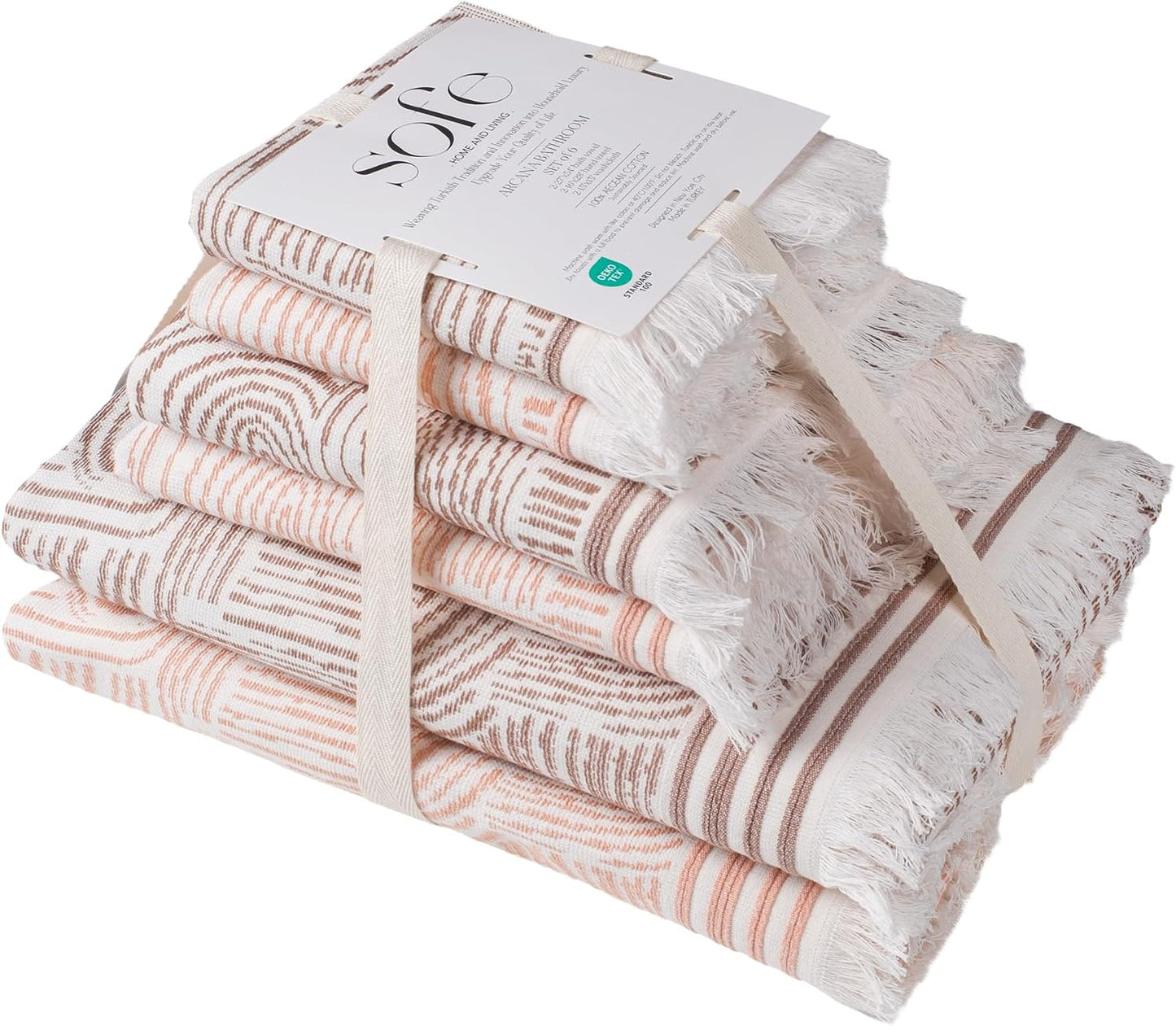 SOFE H&L | Arcana Luxury Turkish Cotton Towels Set of 6 (2 Bath Towels 2 Hand Towels 2 Wash Cloths) Macaron & Coffee | Thin Bath Towels, Durable, Absorbent - Hotel Quality Towel Sets for Bathroom