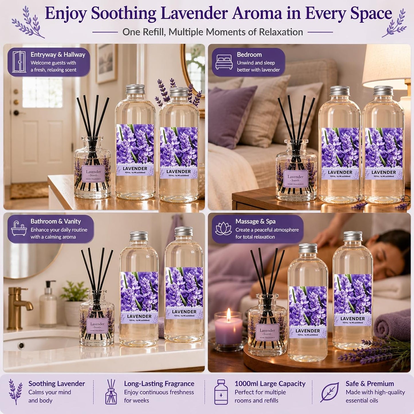 STRN Lavender Reed Diffuser Refill 1000ml Large Capacity with 12 Reed Sticks, Summer Aromatherapy for Home, Long-Lasting Fragrance for Living Room, Bedroom, Office, Bathroom