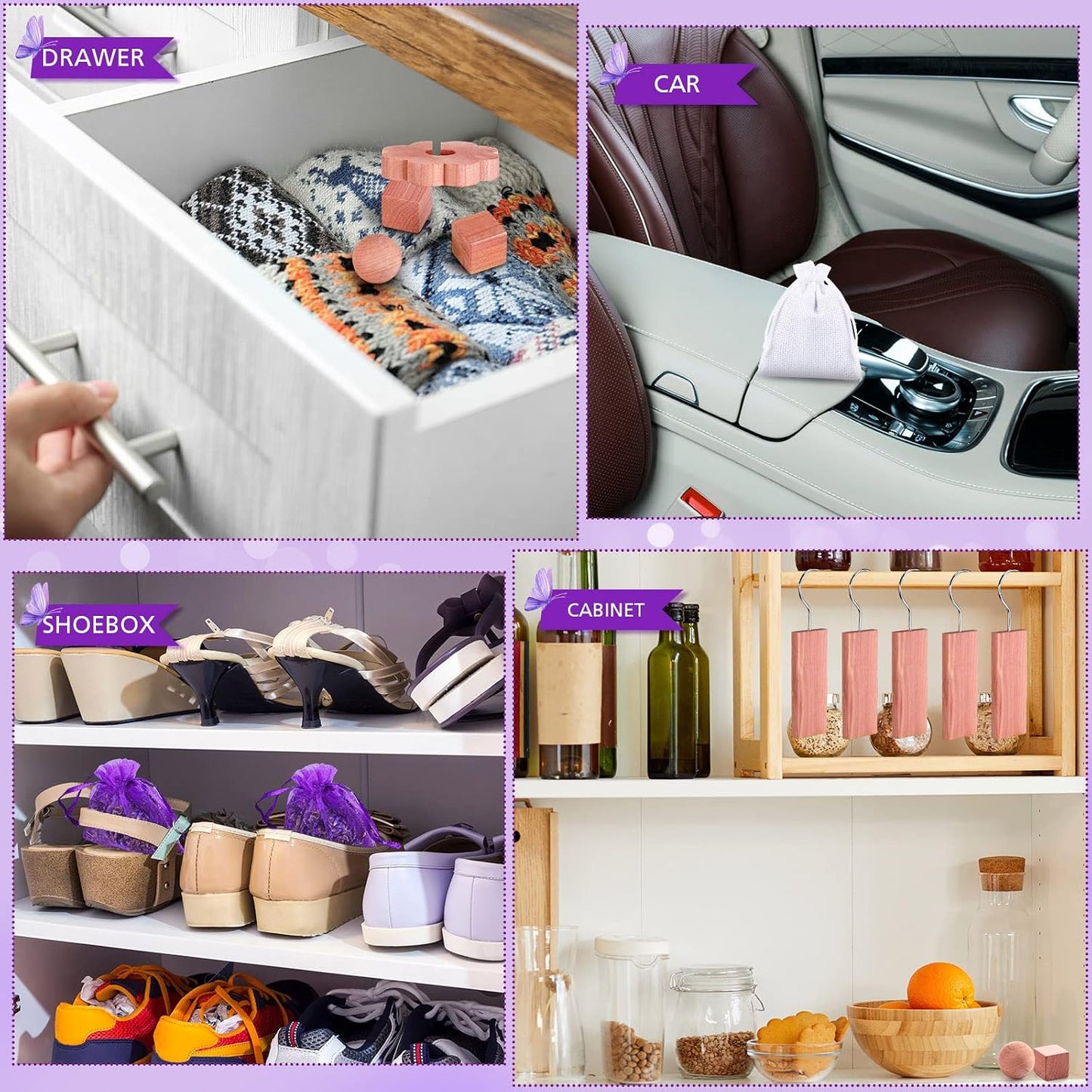Demissle Cedar Blocks for Clothes Storage, 120 Pcs Set with Cubes, Balls, Rings, Pouches, Lavender Sachets for Closets and Drawers, Fresh Scented Sachets