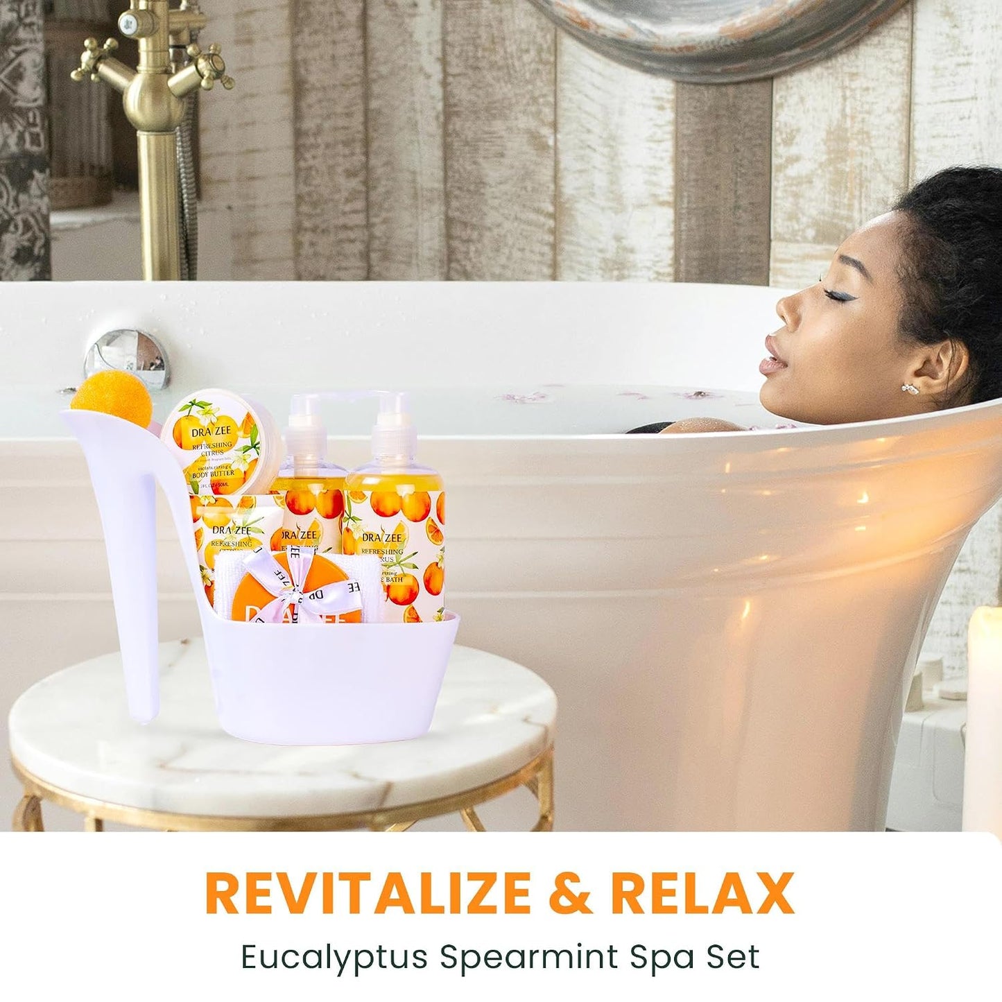 Draizee Heel Shoe Spa Gift Basket for Women, 8 Pc Citrus Scented | Gift Set, Luxury Self Care Kit for Mom, Relaxing Bath and Body Set, Home Spa Gifts for Her