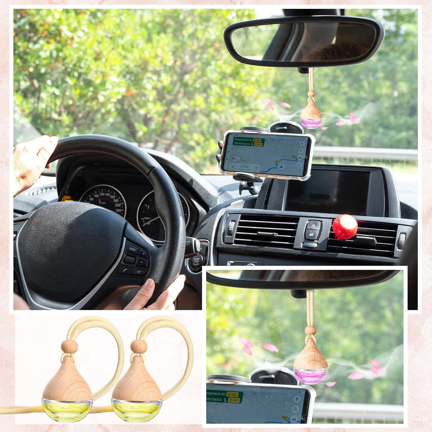 Rtteri 100 Pcs Hanging Car Air Freshener Diffuser Bottles Empty Glass Perfume Diffuser Vials Refillable Oil Aromatherapy Pendant with Wooden Caps and Hanging String for Car Home Office Decor(Drop)