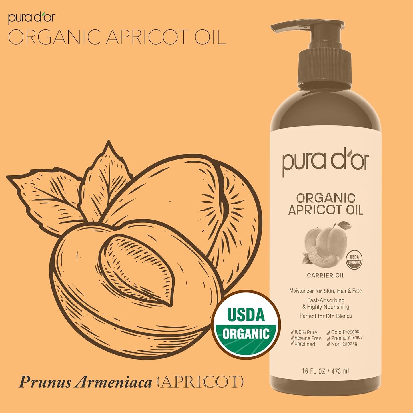 PURA D'OR ORGANIC Apricot Kernel Oil (16 Oz) 100% Pure & Natural USDA Certified
