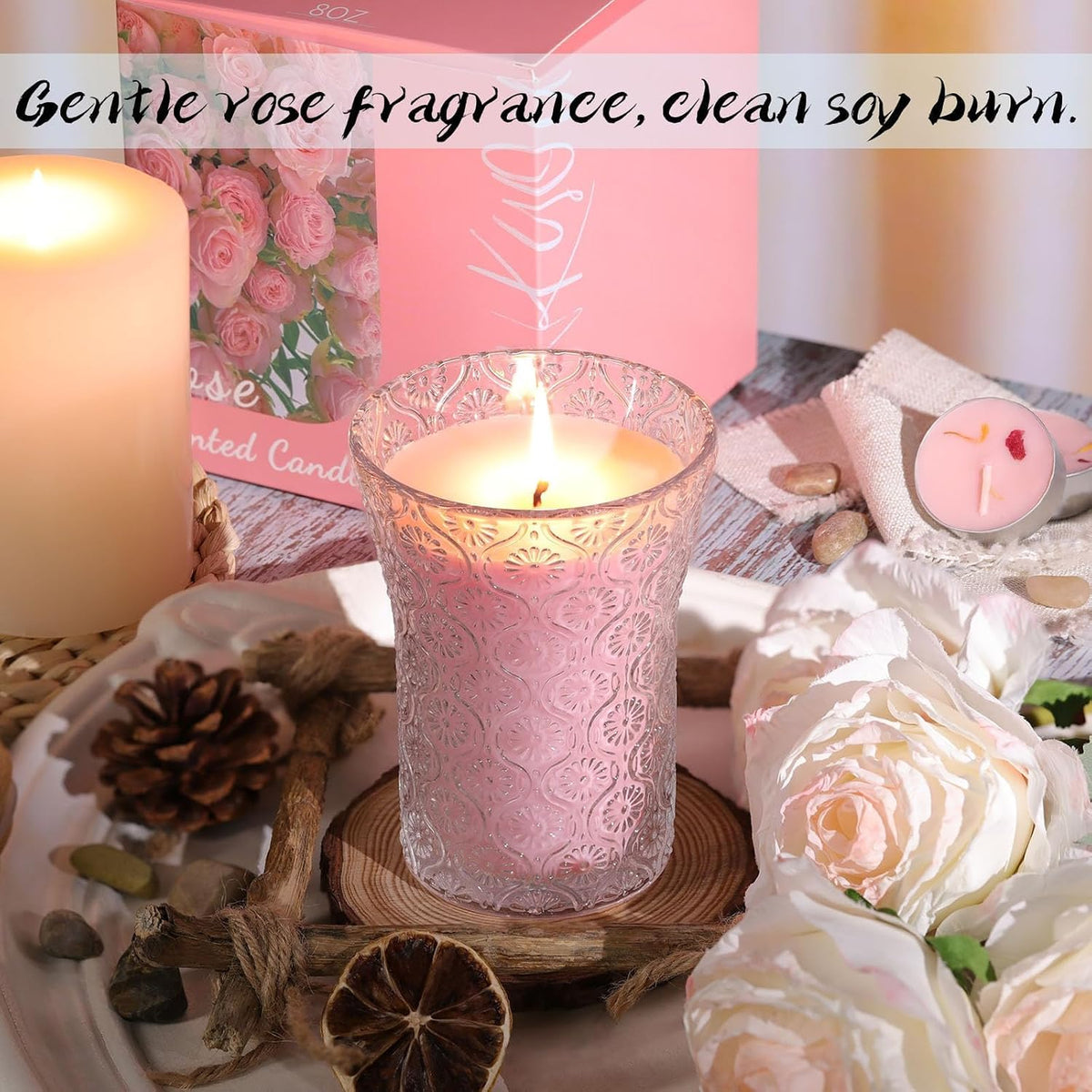 Rose Scented Candle, Pink Luxury Candles Jar Gift Women 40 Hours