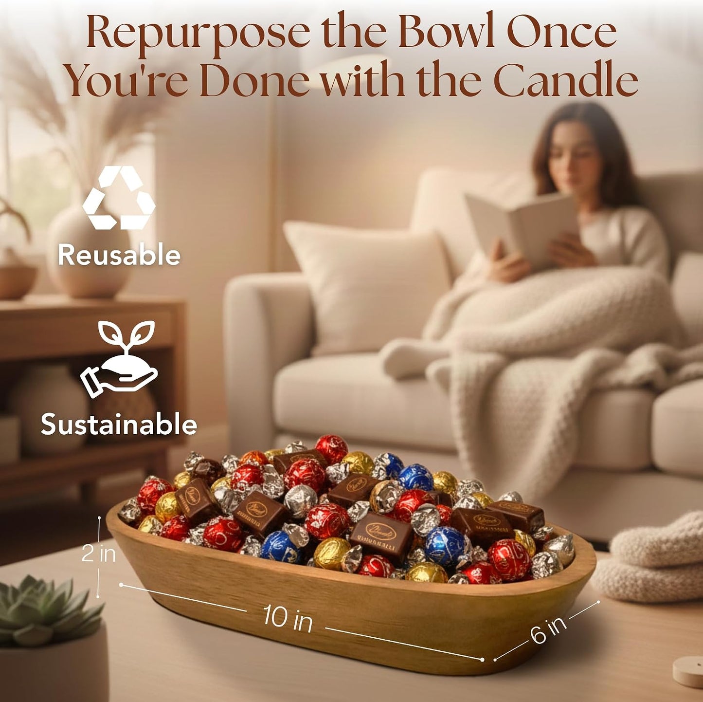 Dough Bowl Candle Co. Wooden Bowl Candle - 20 Oz. 10x6x2 3-Wick Large Lavender Soy Candles for Home Scented, Long Lasting Aromatherapy for Women and Men with Up to 40H Burn Time, Decoration Gifts