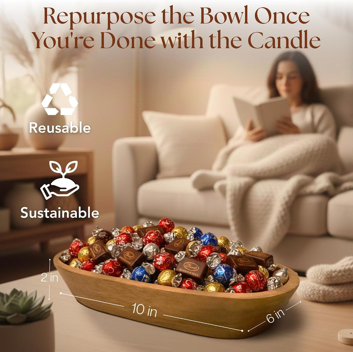 Dough Bowl Candle Co. Wooden Bowl Candle - 20 Oz. 10x6x2 3-Wick Large Lavender Soy Candles for Home Scented, Long Lasting Aromatherapy for Women and Men with Up to 40H Burn Time, Decoration Gifts