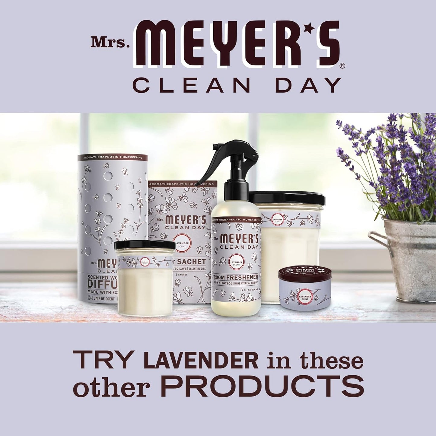 MRS. MEYER'S Clean Day Air Freshener Sachets, Fragrance for Your Locker, Car, Closet, and Gym Bag, Lavender, Pack of 3
