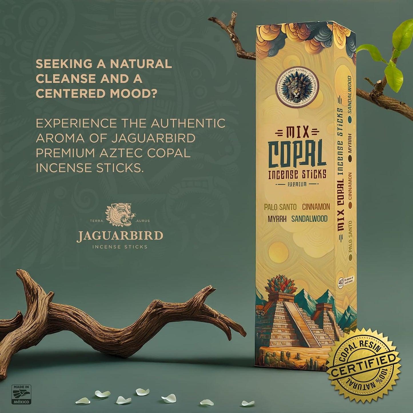 Mix Copal Aztec Incense 40 Sticks Mexico, Palo Santo, Myrrh, Cinnamon, Sandalwood for Yoga & Spiritual Cleansing - Pure Copal Resin Incense for Purifying Energy & Relaxation, JAGUARBIRD
