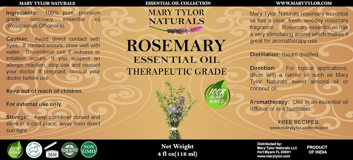 Rosemary Essential Oil (4 oz) Premium Therapeutic Grade, 100% Pure and Natural, Perfect for Aromatherapy, Diffuser, DIY by Mary Tylor Naturals