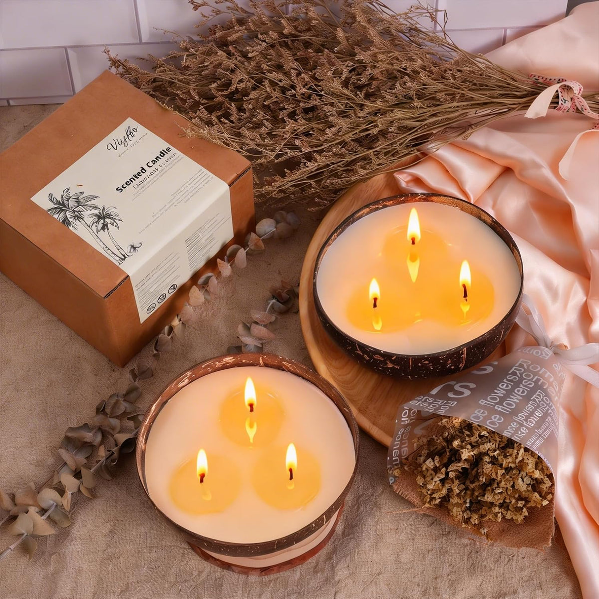Viyffo Fresh Linen Scented Candle, Large 16oz 3 Wick Non Toxic Soy Candles, Natural Coconut Shell Candles for Home, Clean & Fresh Aromatherapy for Relaxation & Outside Décor, Gift for Women & Men