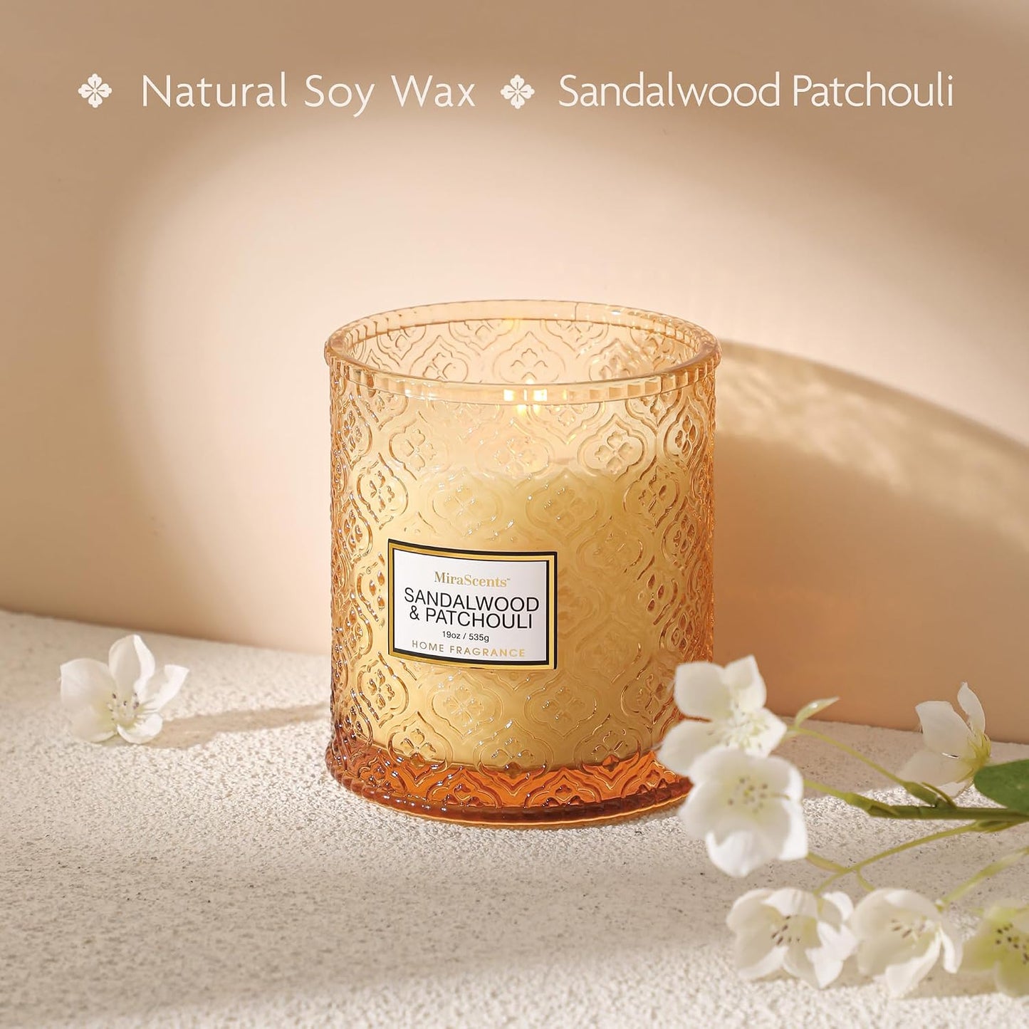 Sandalwood & Patchouli Candle, Luxury Decorative Glass Candle 19oz, Soy Wax Scented Gift for Women, Elegant Home Fragrance