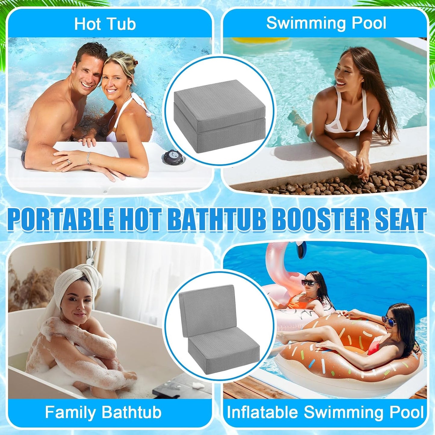 4 Pcs Foldable Hot Tub Booster Seat with Back Thick Hot Tub Pillow Adjustable 2 Heights Bath Seat Weighted Bathtub Booster Cushion Washable Spa Cushion for Indoor or Outdoor (Gray)
