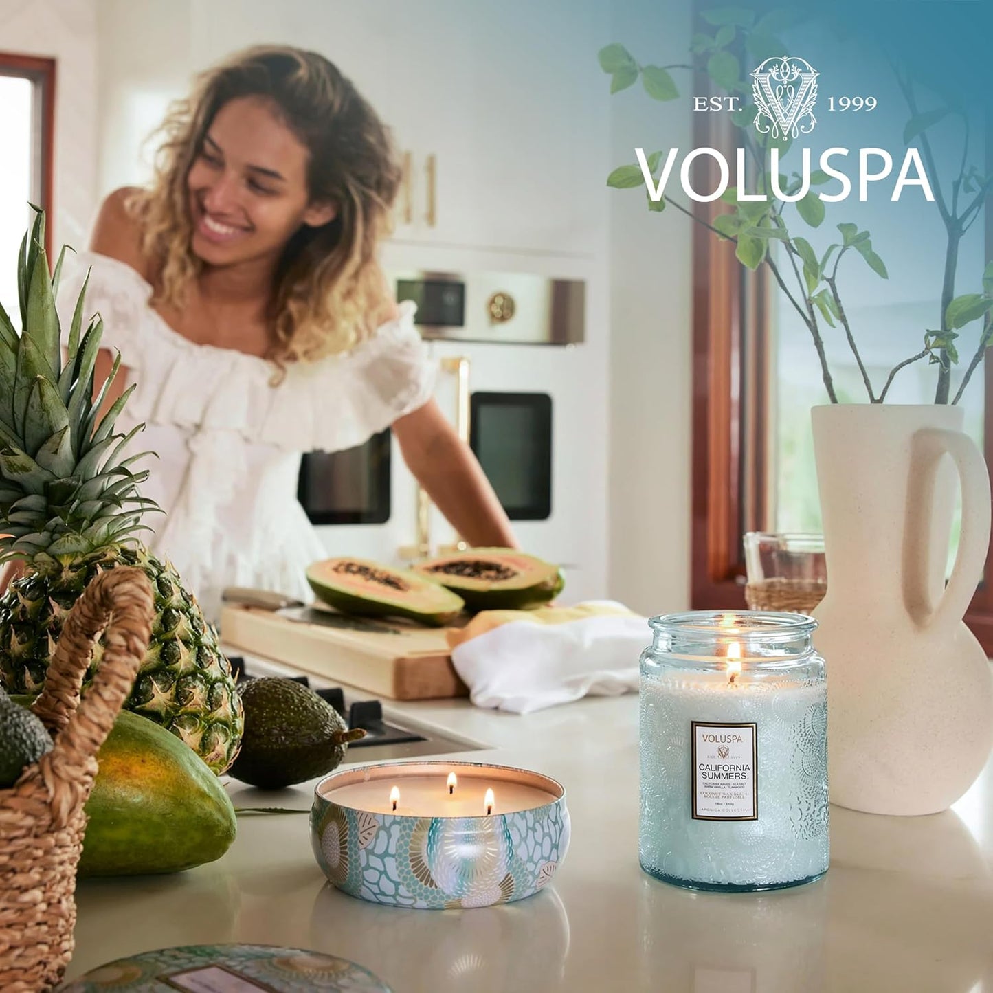 Voluspa California Summers Candle Tin, 12 oz, Coconut Wax Blend, 3 Wick Candle, Scented Candles for Home, 40 Hour Burn Time, Poured in the USA