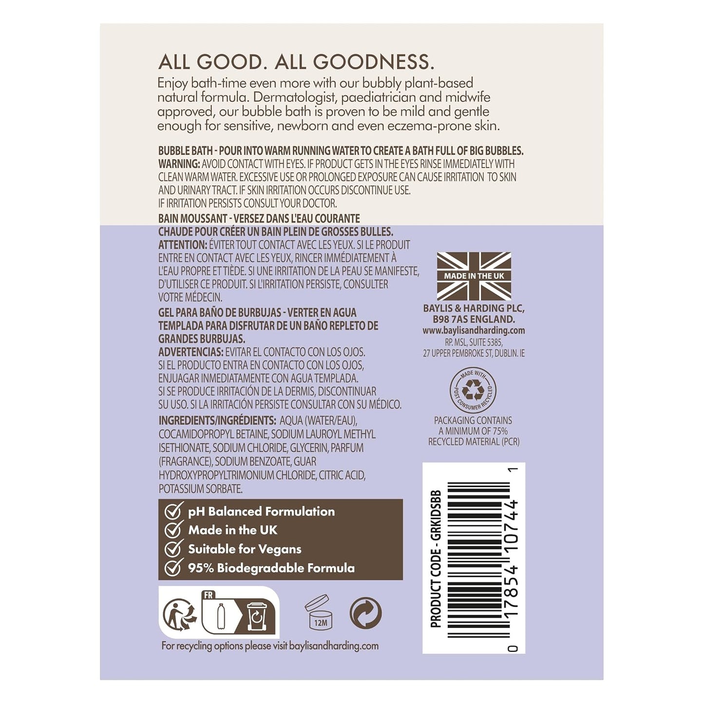 Baylis & Harding Goodness Kids Lavender & Vanilla Natural Bubble Bath 16.9 fl. oz (Pack of 3) - Biodegradable Formula - Vegan Friendly