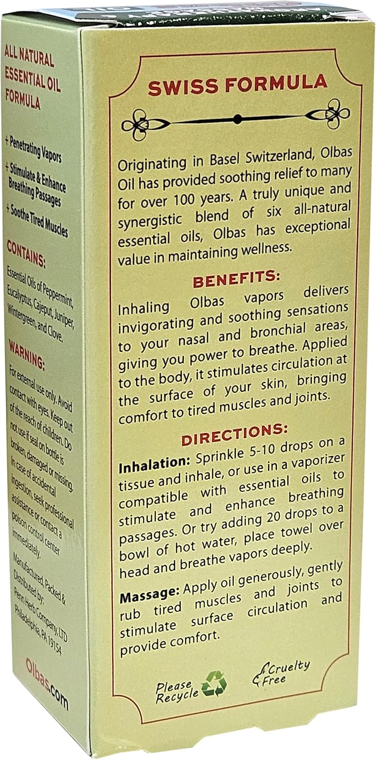 Olbas Massage and Aromatherapy Oil, 1.65 Fl Oz, Body Massage Oil with Pure Essential Oils, Aromatherapy Massage Oil with Refreshing Herbal Scent for Relaxation and Wellness