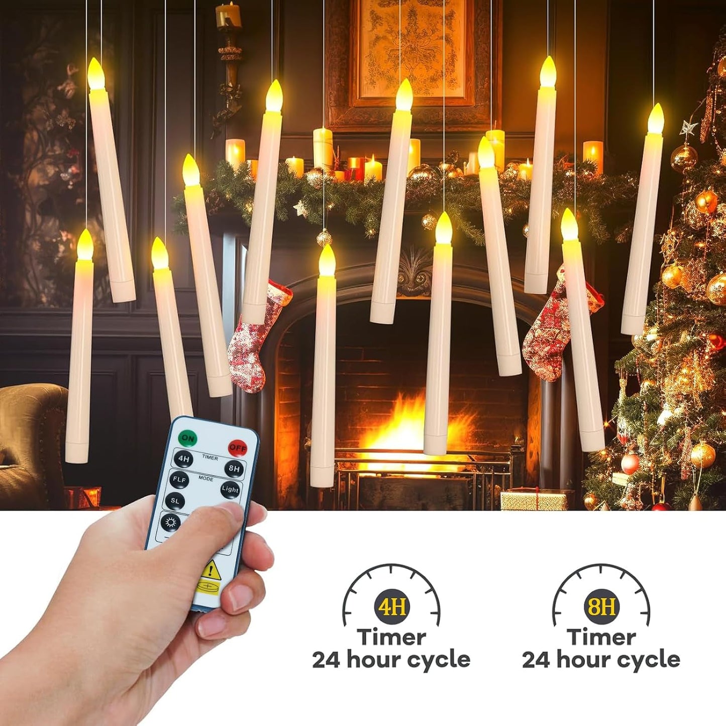 PChero Flameless Candles with Remote Timer, 7.9" Ivory Battery Operated LED Taper Dripless Floating Flickering Candles for Wedding Halloween Thanksgiving Christmas Themed Party Valentines Decorations