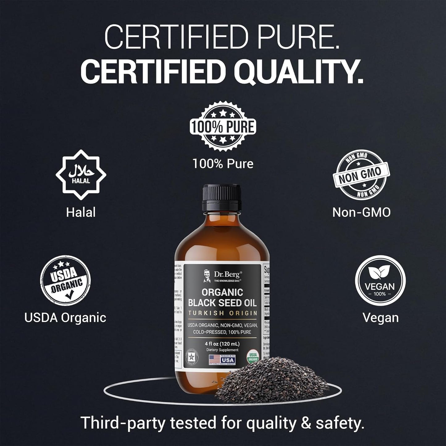 Dr. Berg Black Seed Oil Organic Cold Pressed β Pure Nigella Sativa Black Cumin Oil β USDA Organic, Halal, Vegan β for Hair, Skin, Immune Support β Unrefined Liquid β 4 oz Glass Bottle