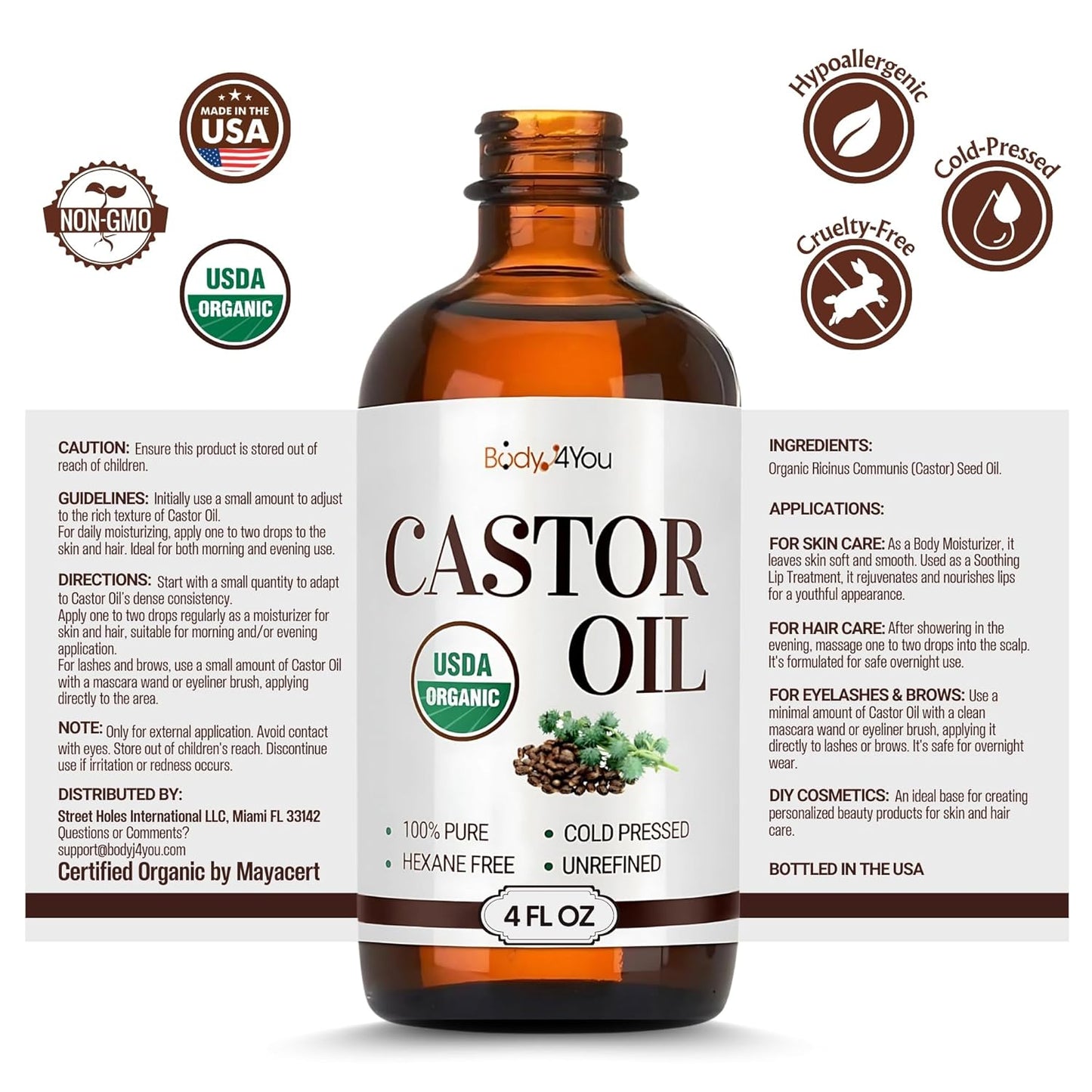 BodyJ4You Organic Castor Oil - 100% Pure Natural Cold Pressed USDA Certified Organic - Hexane Free Unrefined Non GMO - Lashes & Eyebrow Kit Mascara Tube Brush Wand Hydrating Oil - Glass Bottle 4oz