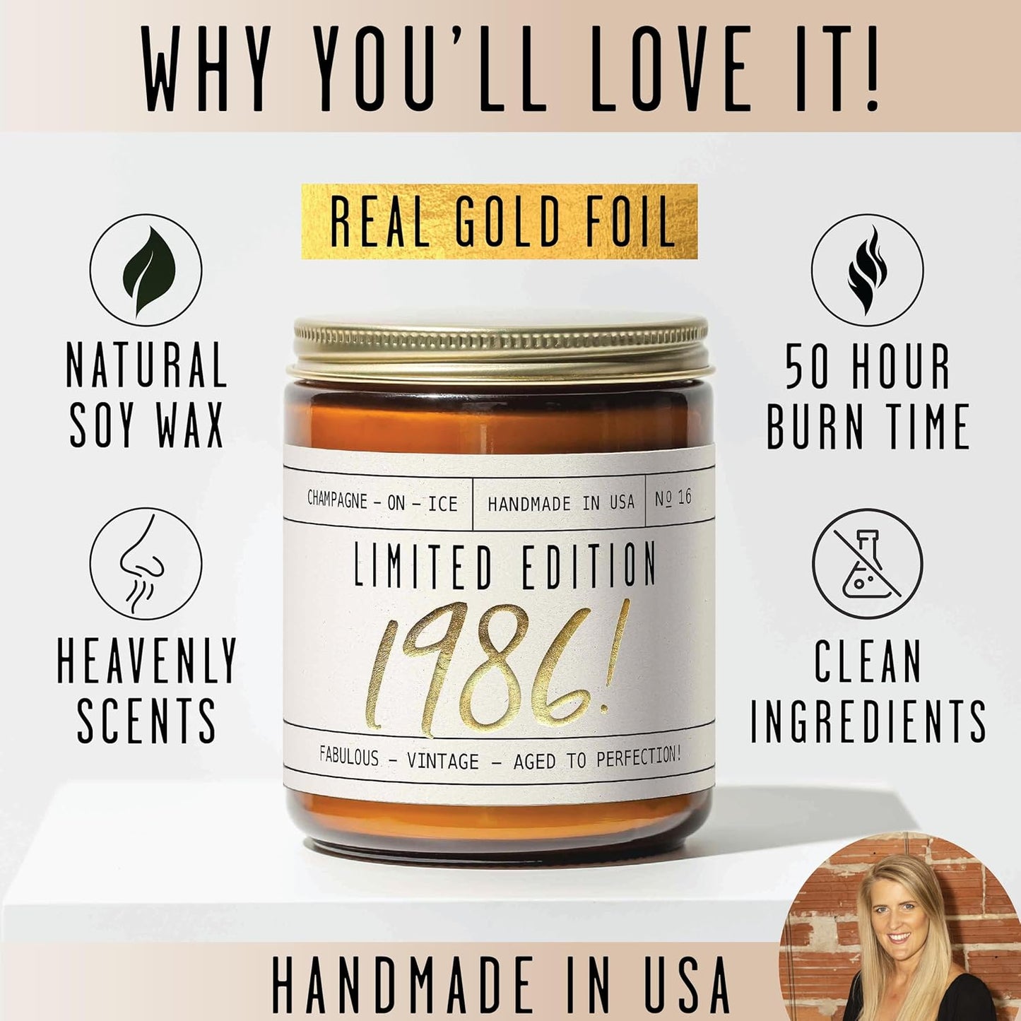 40th Birthday Gifts Women Unique - 'Limited Edition 1986' Soy, w/Champagne on Ice I 40 Year Old Birthday Gifts for Women I 9oz Reusable Jar, 50Hr Burn, Made in USA