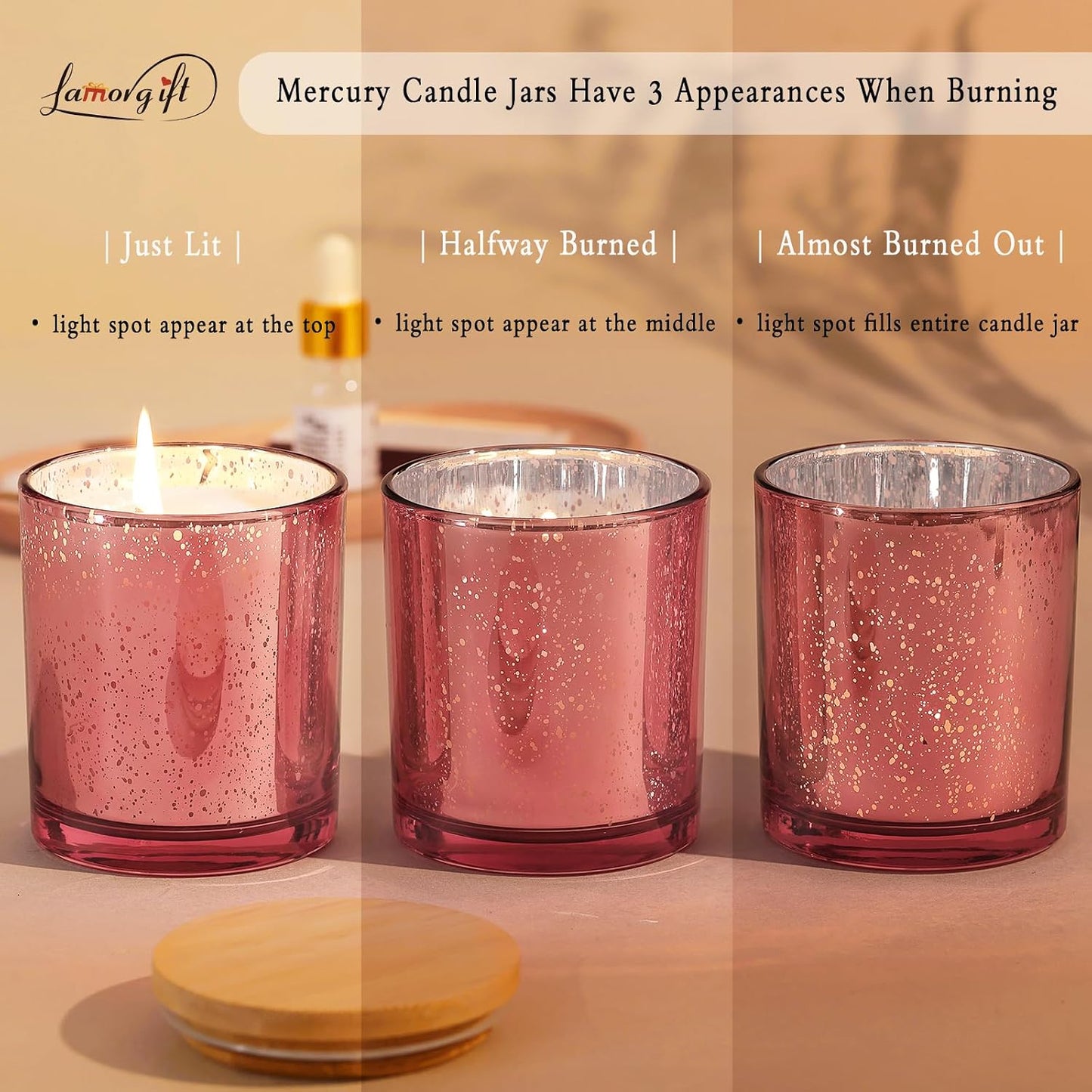 LAMORGIFT 10oz Rose Gold Empty Candle Jars With Lids - 12 Pack Making Containers - Mercury Glass Jars Include 15 Pcs Labels