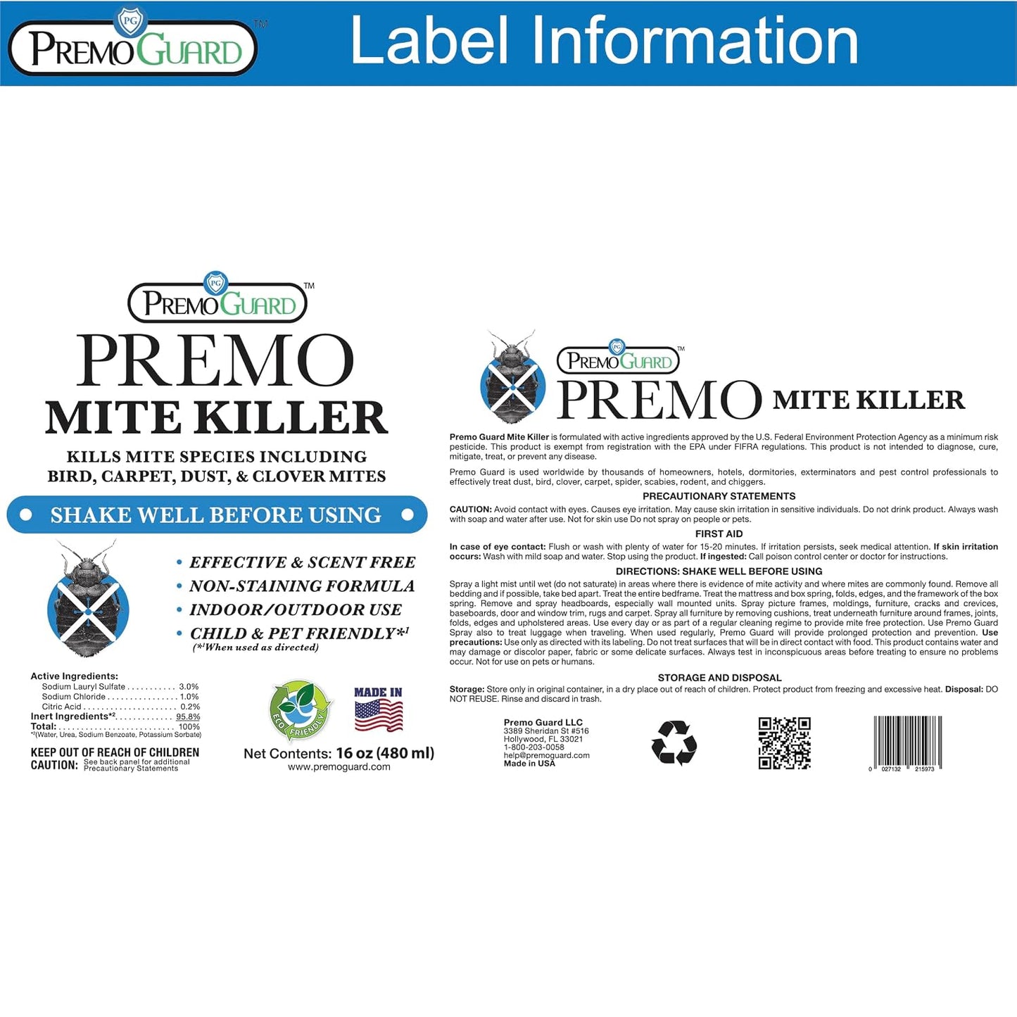 Premo Guard Natural Mite Spray – 16 oz Bottle – Plant Based Treatment for Dust, Spider, Carpet, Bird, Rat Mites – Safe for Families, Pet, Home, Bedding & Furniture When Used As Directed
