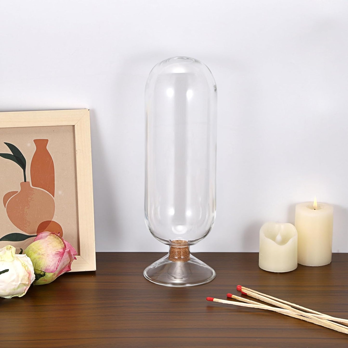 OwnMy 8 Inch Glass Match Cloche Decorative Glass Match Holder Jar with Cork Stopper, Clear Glass Matches Box Matchstick Holder Organizer for Home Bathroom Fireplace Candle Use (NOT Includes Matches)