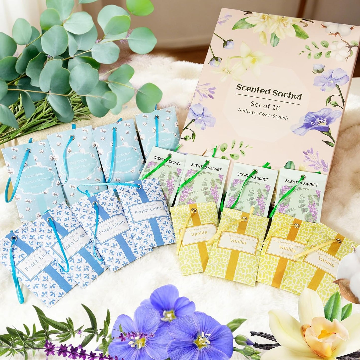 STRN Scented Sachets for Drawer and Closet, 16 Packs 4 Scents Fresh Linen, Eucalyptus Sage, Cotton, Vanilla, Long-Lasting Sachets for Home Fragrance, Small Space Air Freshener for Wardrobes