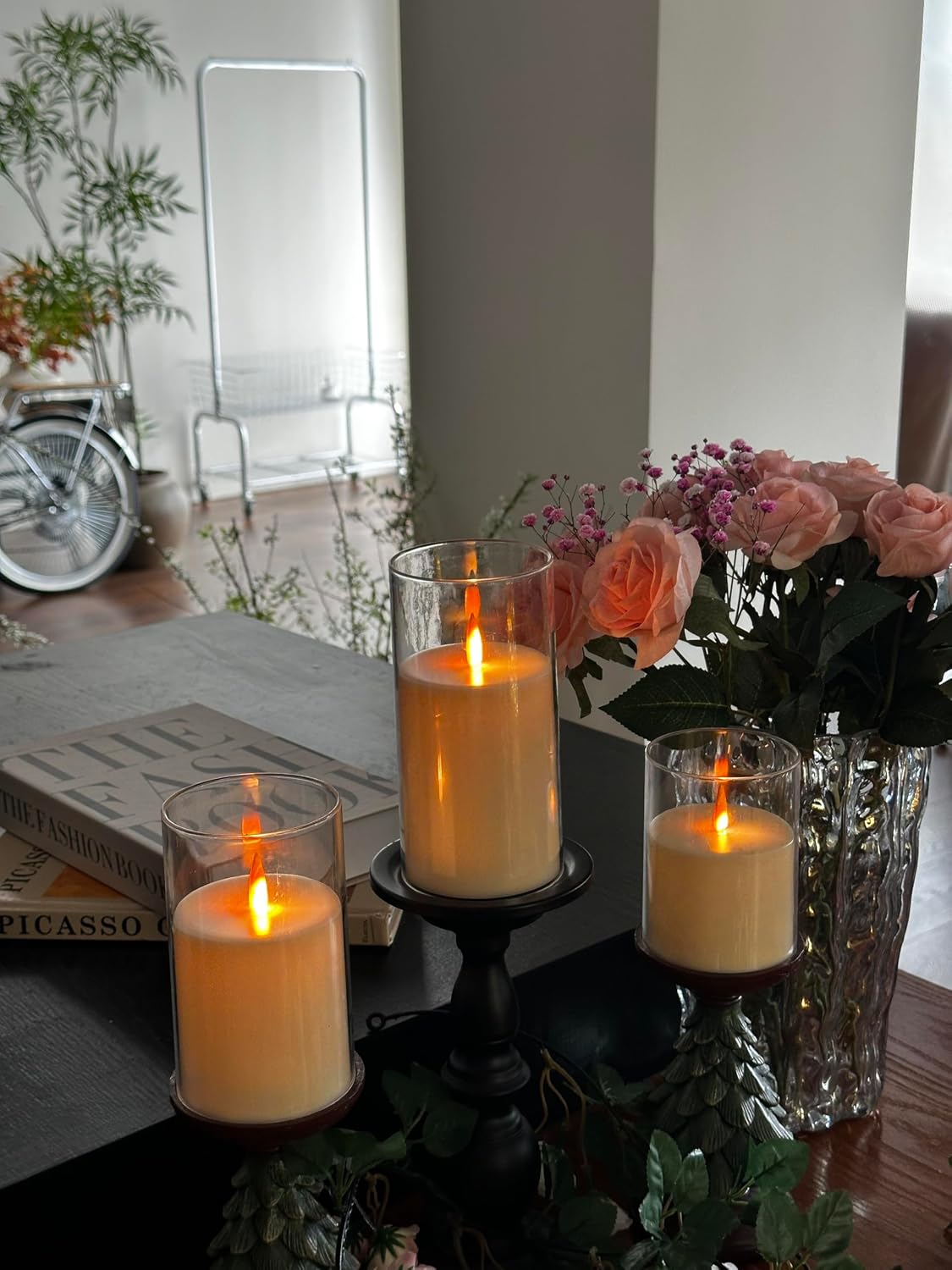 Upinmz Gold Acrylic Flameless Candles with Remote Control and Timers,Battery Operated Candles,LED Pillar Candles with Dancing Flame ,for Home Decorations ,Set of 3