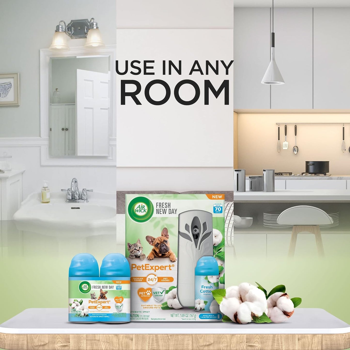 Air Wick Automatic Spray Starter Kit Fresh New Day Pet Fresh Cotton, Air Freshener, Essential Oils, Odor Neutralization