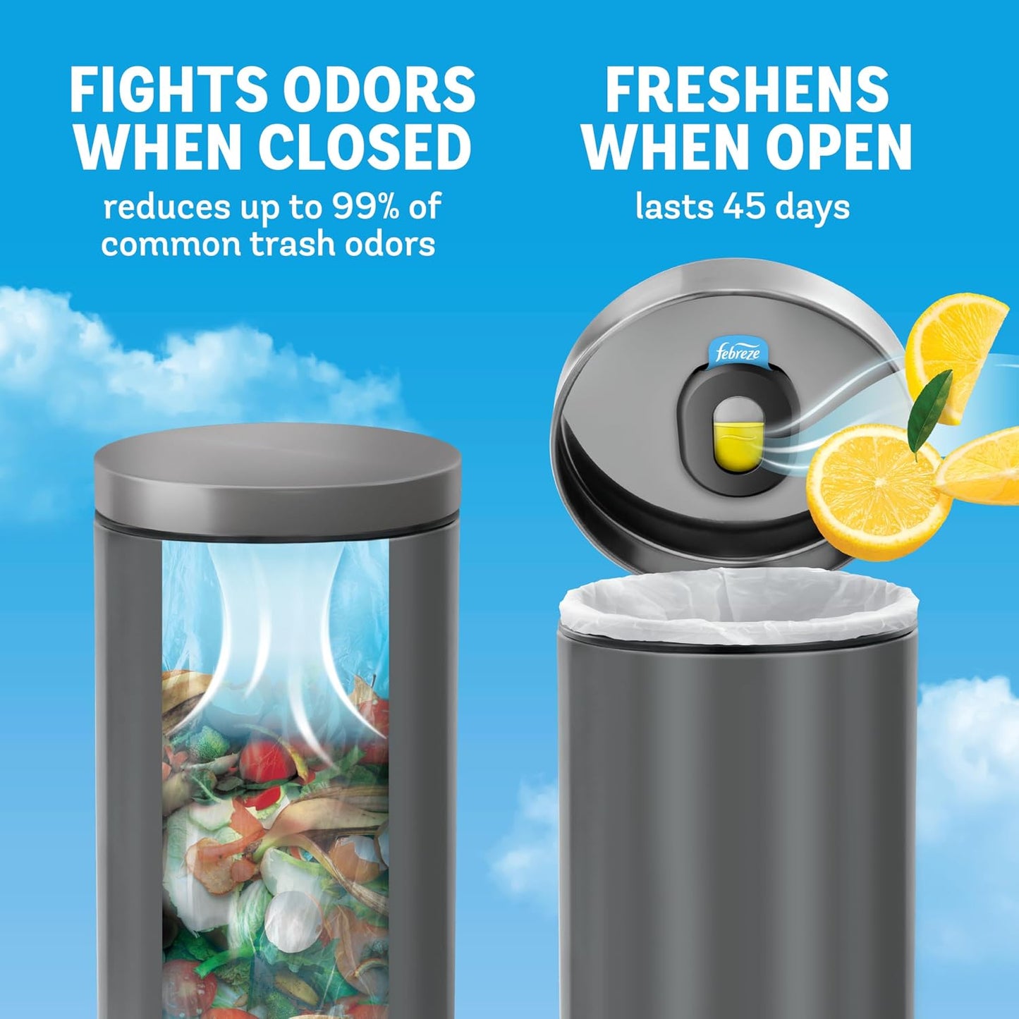 Febreze Trash Odor Fighter, Trash Can Air Freshener, Stick-On Deodorizer for Garbage Cans, Diaper Pails, Works with Scented Trash Bags, Fresh Lemon and Linen & Sky Scents, 2 Holders + 2 Refills