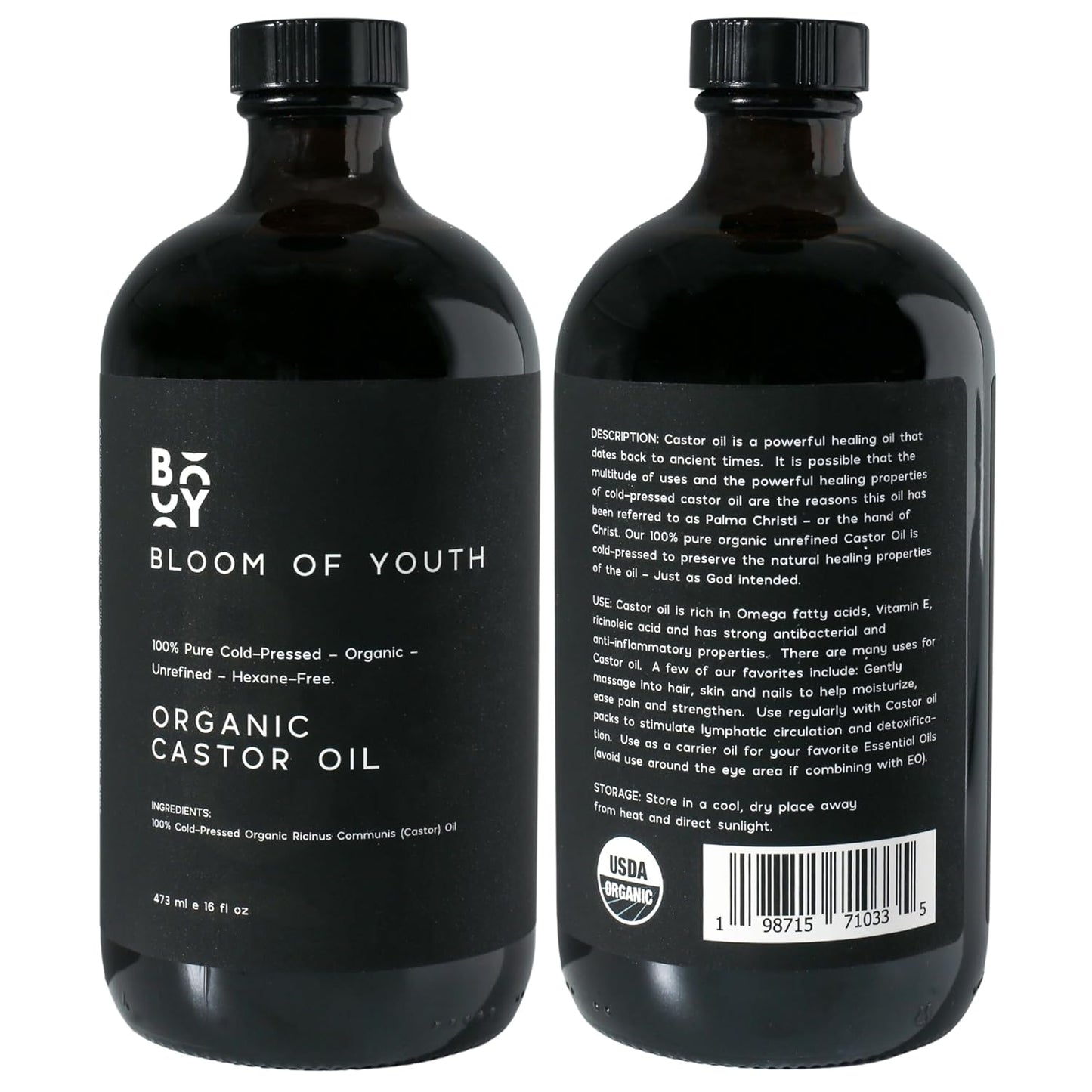 100% Pure Cold Pressed Organic Castor Oil, Glass Bottle 16oz | Hexane Free, Unrefined, USDA Certified | For Hair, Skincare, Castor Oil Pack, Face, Joints, Carrier Oil, Eyelashes, Eyebrows